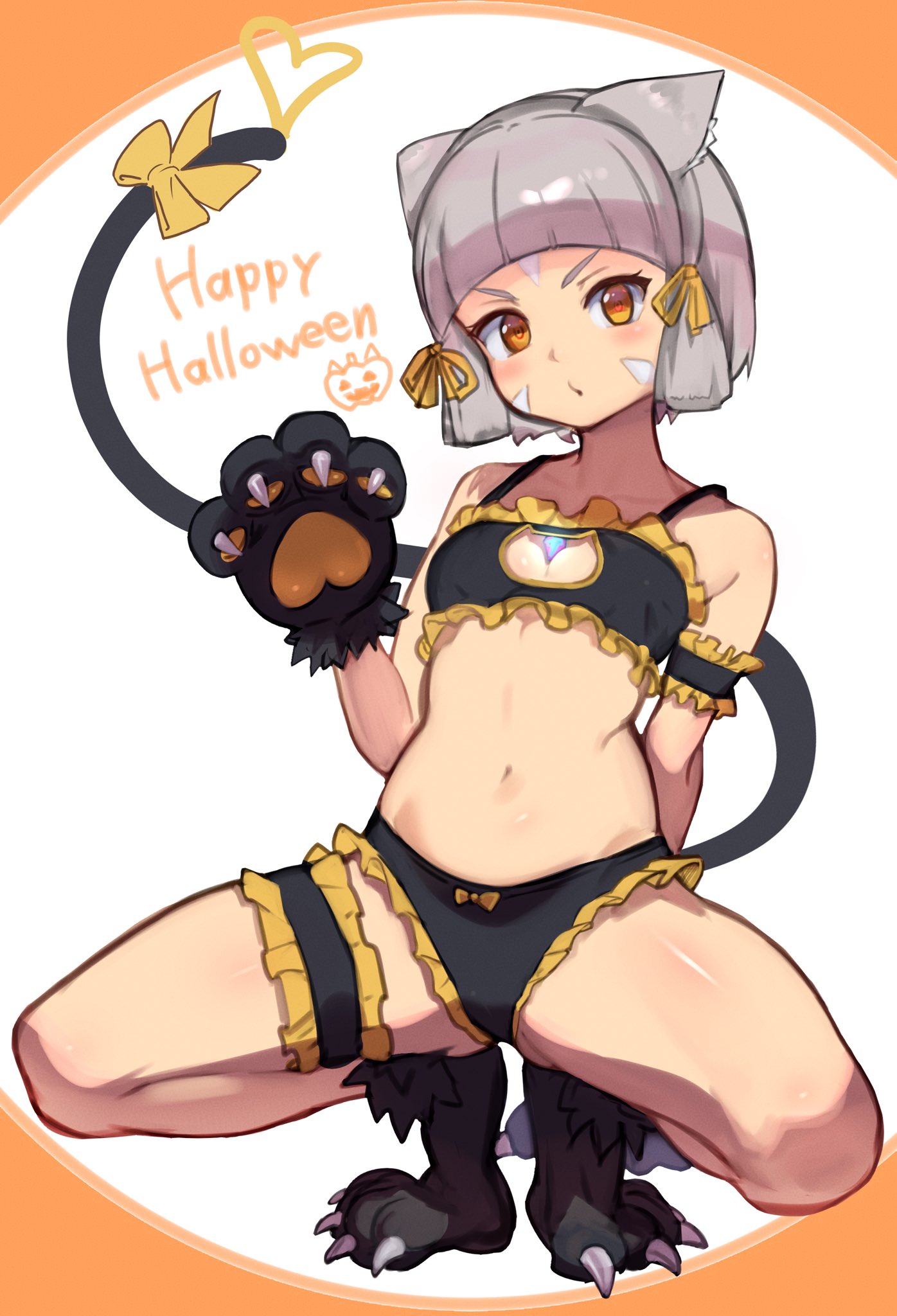 r123, nia (xenoblade), xenoblade chronicles (series), xenoblade chronicles 2, highres, 1girl, animal ears, animal hands, breasts, cat ears, cat paws, cat tail, chest jewel, facial mark, grey hair, navel, short hair, small breasts, solo, tail, thigh strap, yellow eyes