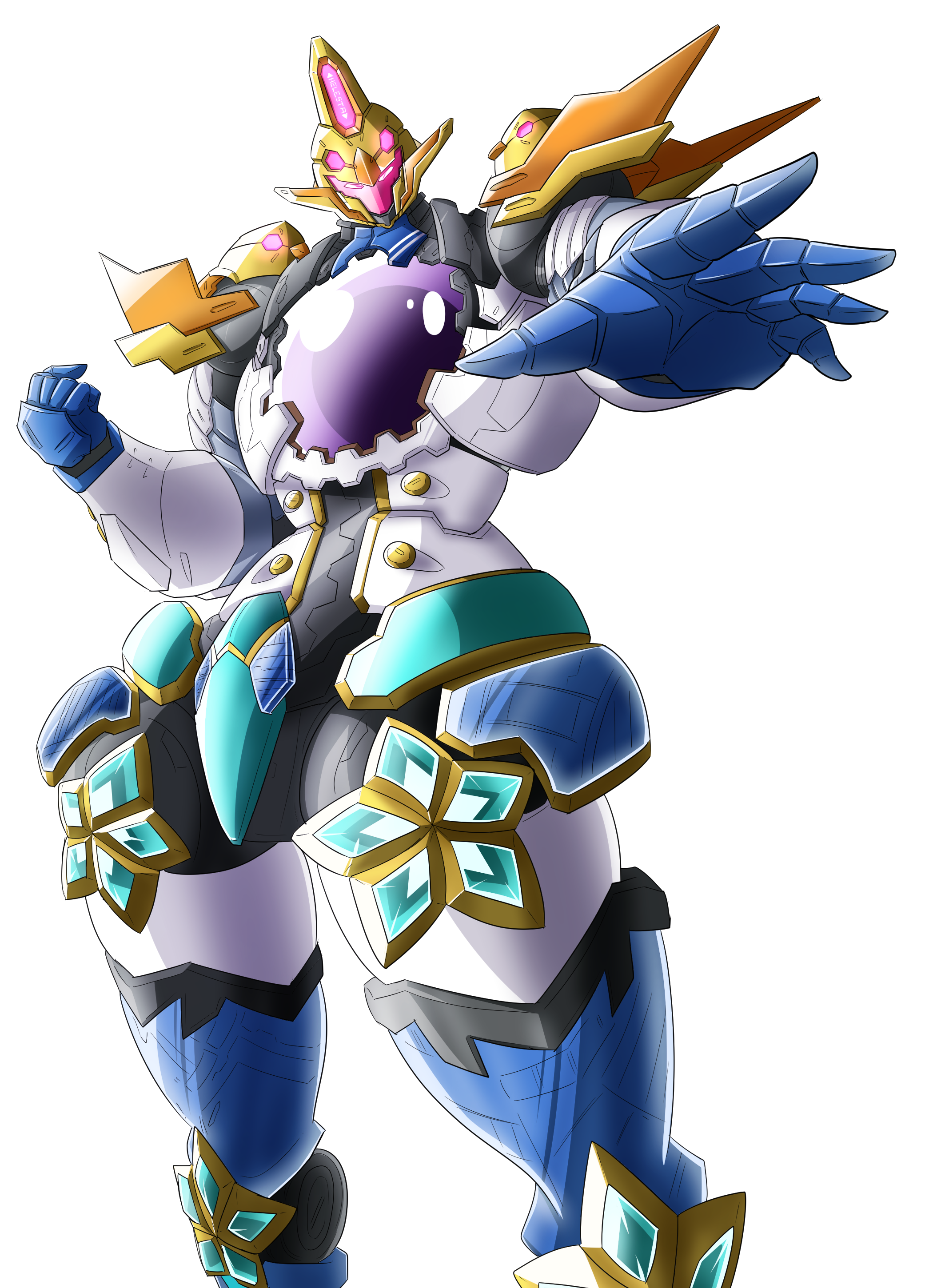 yabunoki, helesta armor, nijisanji, absurdres, commentary request, highres, cowboy shot, glowing, glowing eyes, hand up, looking at viewer, mecha, reaching, reaching towards viewer, robot, simple background, solo, virtual youtuber, white background