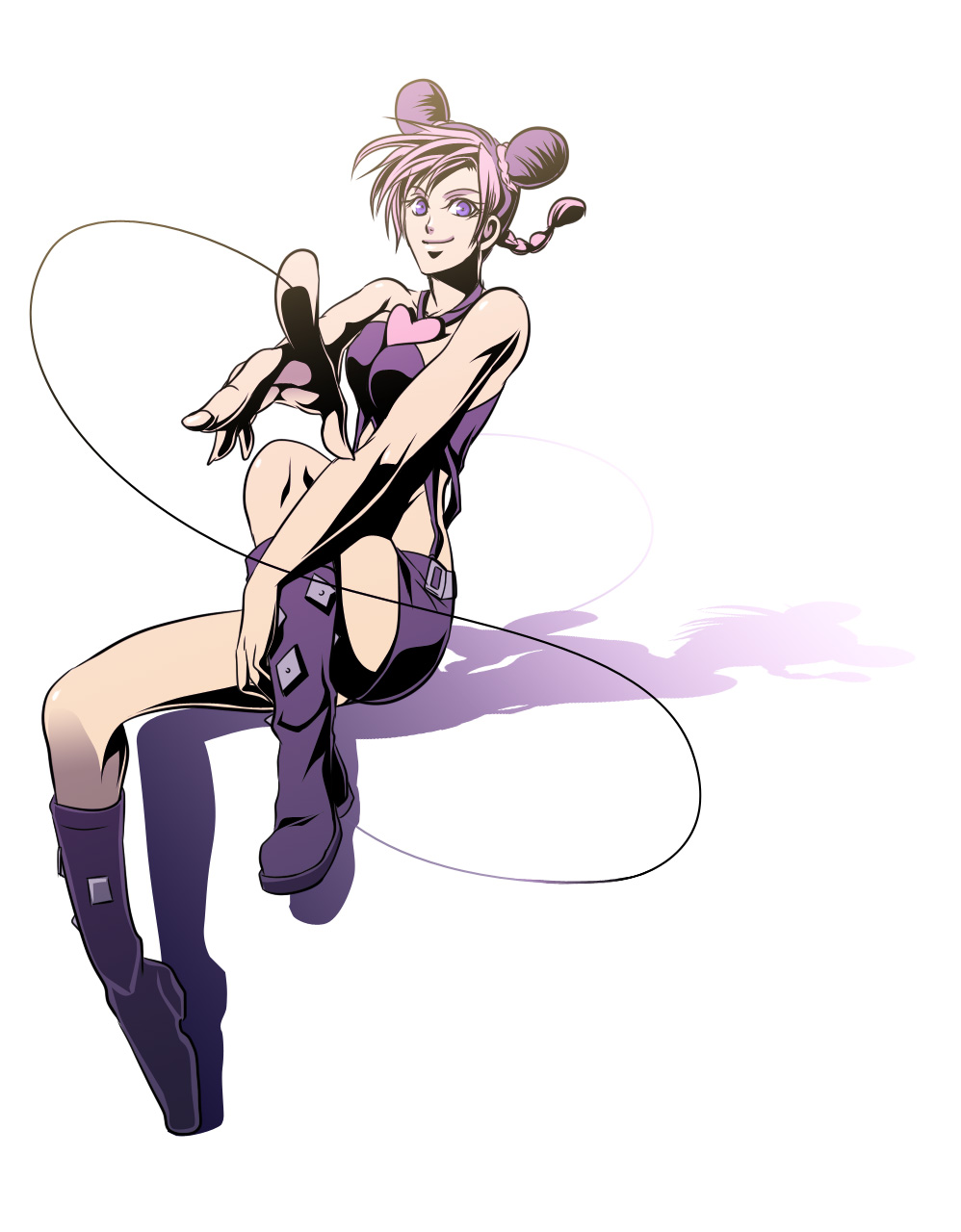killingrock, slash run, kuujou jolyne, jojo no kimyou na bouken, bad id, bad pixiv id, highres, bare shoulders, boots, braid, double bun, full body, hair bun, heart, legs, multicolored hair, pink hair, purple eyes, purple hair, shadow, simple background, sitting, skirt, smile, solo