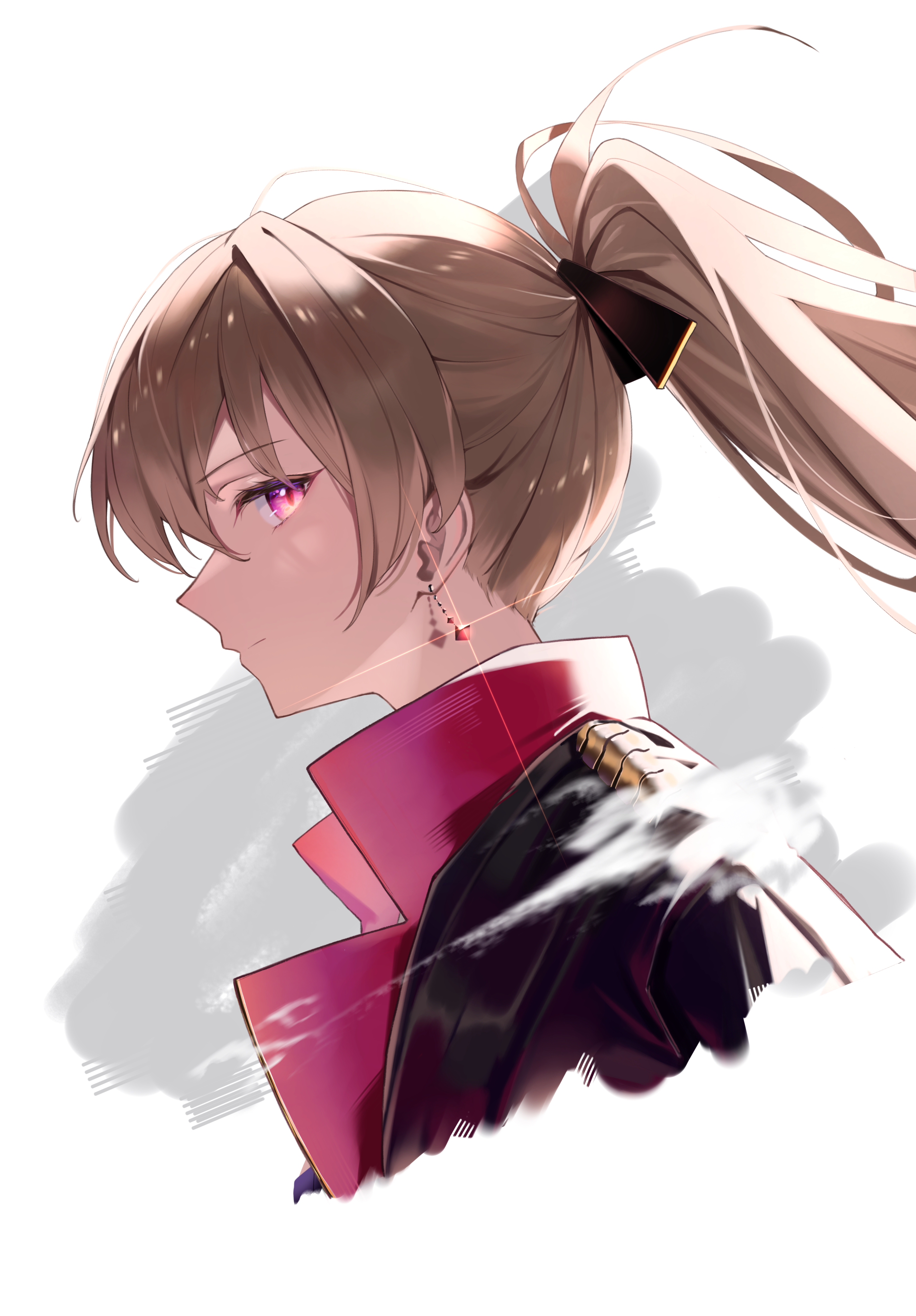 rubisco, jean bart (azur lane), azur lane, absurdres, commentary request, highres, 1girl, brown hair, closed mouth, earrings, from side, hair between eyes, hair tie, high ponytail, jacket, jewelry, lapels, long hair, looking at viewer, looking to the side, ponytail, red eyes, sidelocks, simple background, solo, sparkle, upper body, white background