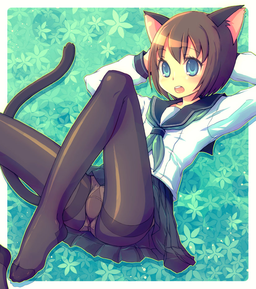 kimarin, original, 1girl, animal ears, black eyes, blue eyes, blue hair, brown hair, cat ears, cat tail, feet, female focus, matching hair/eyes, panties, panties under pantyhose, pantyhose, school uniform, serafuku, short hair, solo, tail, thighband pantyhose, underwear, upskirt, white panties