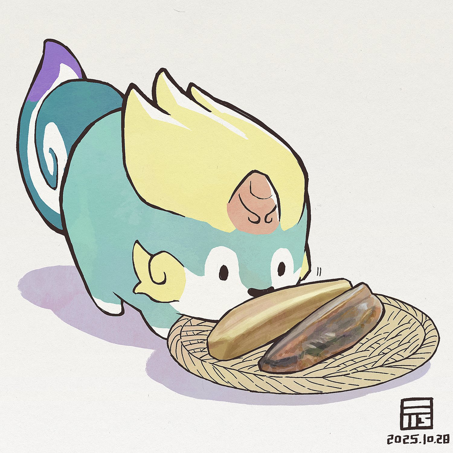 y koichi, tensui no sakuna-hime, commentary request, food request, highres, animal focus, dated, food, no humans, simple background, solo, tama-jii, white background