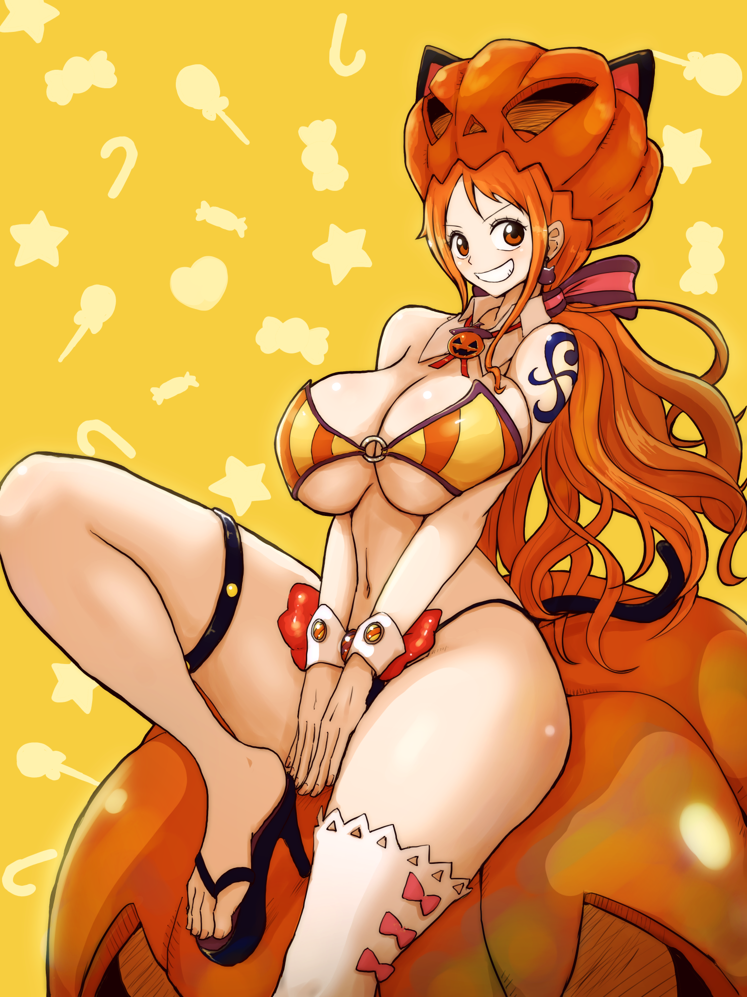 cutterhappa, nami (one piece), one piece, commentary request, highres, mixed-language commentary, 1girl, alternate costume, animal ears, asymmetrical legwear, bare shoulders, bikini, breasts, brown eyes, cat ears, cleavage, detached collar, earrings, feet, foot out of frame, grin, hair ribbon, halloween, halloween costume, high heel sandals, high heels, jewelry, large breasts, long hair, looking at viewer, low ponytail, navel, o-ring, o-ring bikini, o-ring top, orange hair, ponytail, pumpkin, pumpkin hat, ribbon, sandals, shoulder tattoo, single thighhigh, sitting, smile, solo, stomach, swimsuit, tattoo, thigh strap, thighhighs, thighs, toes, wavy hair, white thighhighs, white wrist cuffs, wrist cuffs, yellow background