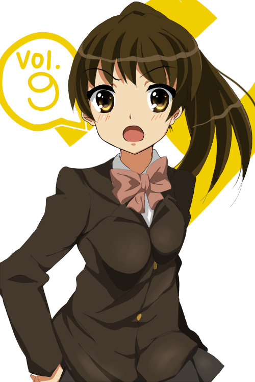 sham fu, kyon, kyonko, suzumiya haruhi no yuuutsu, bad id, bad pixiv id, gender request, 00s, blazer, blush, brown hair, genderswap, jacket, ponytail, ribbon, school uniform, solo, surprised
