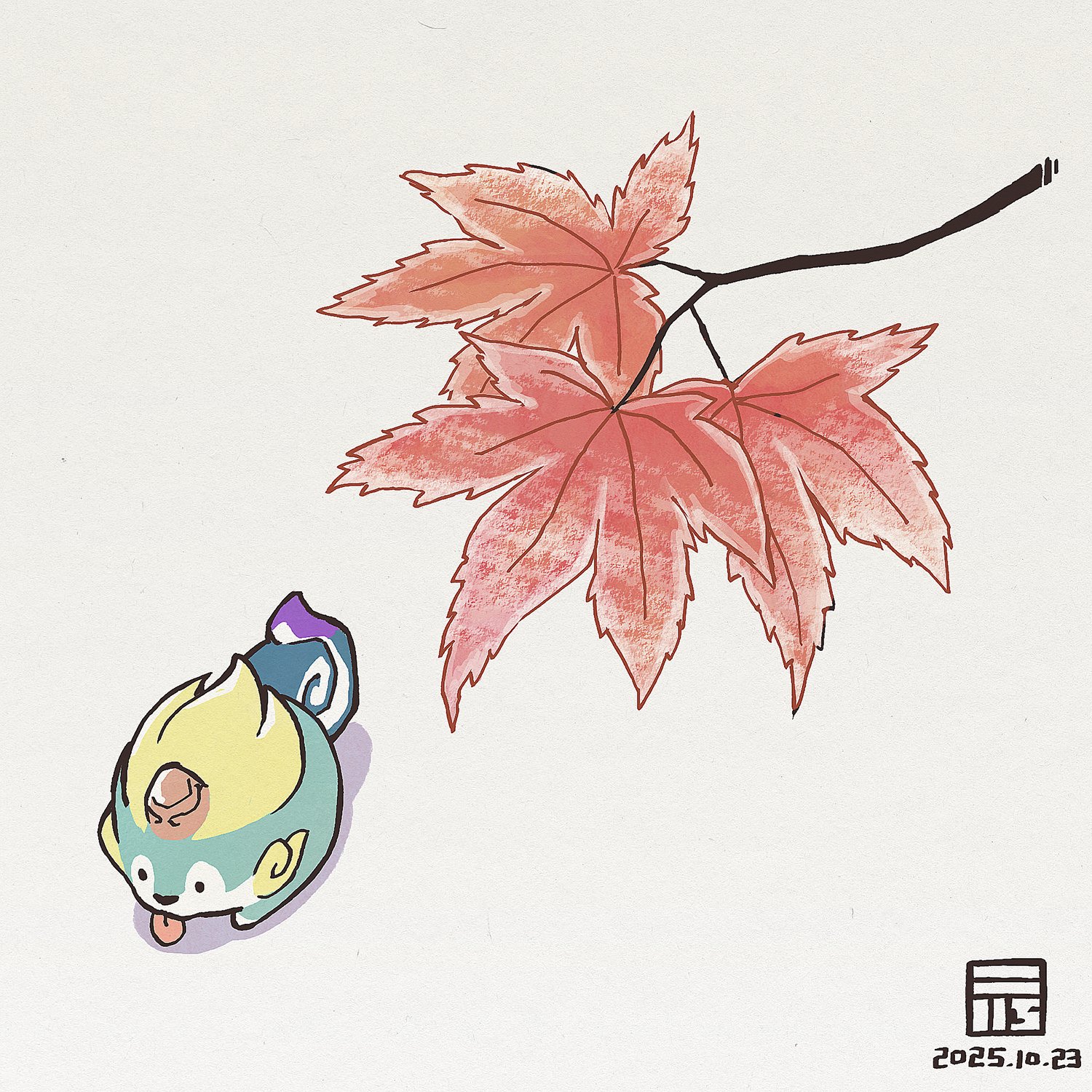 y koichi, tensui no sakuna-hime, commentary request, highres, animal focus, dated, leaf, no humans, simple background, solo, tama-jii, white background