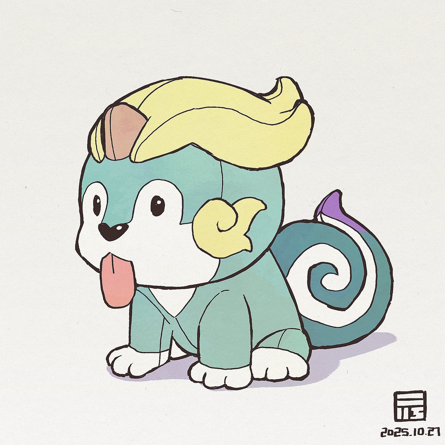 y koichi, tensui no sakuna-hime, commentary request, highres, :p, animal focus, dated, full body, no humans, simple background, solo, tama-jii, tongue, tongue out, white background