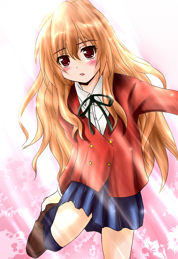 shaian, aisaka taiga, toradora!, 00s, brown eyes, brown hair, long hair, school uniform, solo, thighhighs