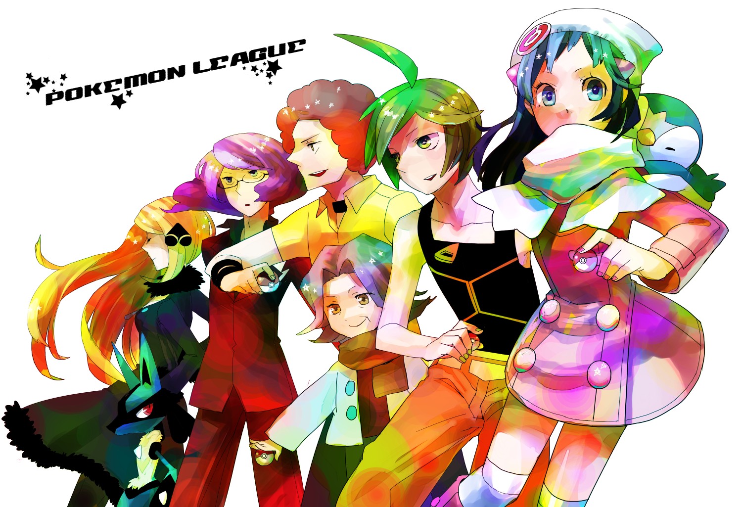 gum (gmng), gumidemo kandero, jam (pixiv172700), aaron (pokemon), bertha (pokemon), cynthia (pokemon), dawn (pokemon), flint (pokemon), goyo (pokemon), lucario, lucian (pokemon), oba (pokemon), piplup, nintendo, pokemon, pokemon dppt, fur, bad id, bad pixiv id, 00s, 3boys, 3girls, afro, ahoge, alternate costume, beanie, blonde hair, blue eyes, blue hair, coat, elite four, gen 4 pokemon, glasses, green eyes, green hair, hair ornament, hat, holding, holding poke ball, long hair, multiple boys, multiple girls, poke ball, pokemon (creature), purple hair, red eyes, red hair, scarf, short hair, very long hair, winter clothes, yellow eyes