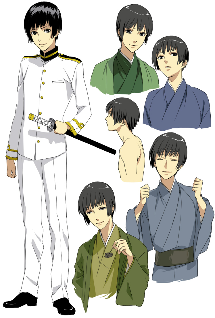 sakatsuki, japan (hetalia), axis powers hetalia, bad id, bad pixiv id, 00s, 1boy, black eyes, black hair, japanese clothes, katana, male focus, military, military uniform, reference sheet, short hair, solo, sword, upper body, weapon, white background