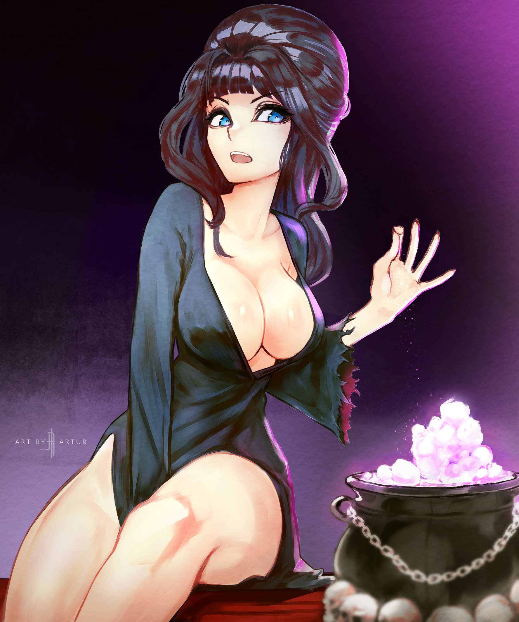 j. artur, elvira (elvira: mistress of the dark), elvira: mistress of the dark, commentary, english commentary, highres, 1girl, animification, artist name, beehive hairdo, between legs, big hair, black dress, black hair, blue eyes, breasts, cauldron, collarbone, dress, hand between legs, hand up, large breasts, long hair, long sleeves, no bra, open mouth, plunging neckline, sideways glance, sitting, solo, sprinkling, torn clothes, torn sleeves