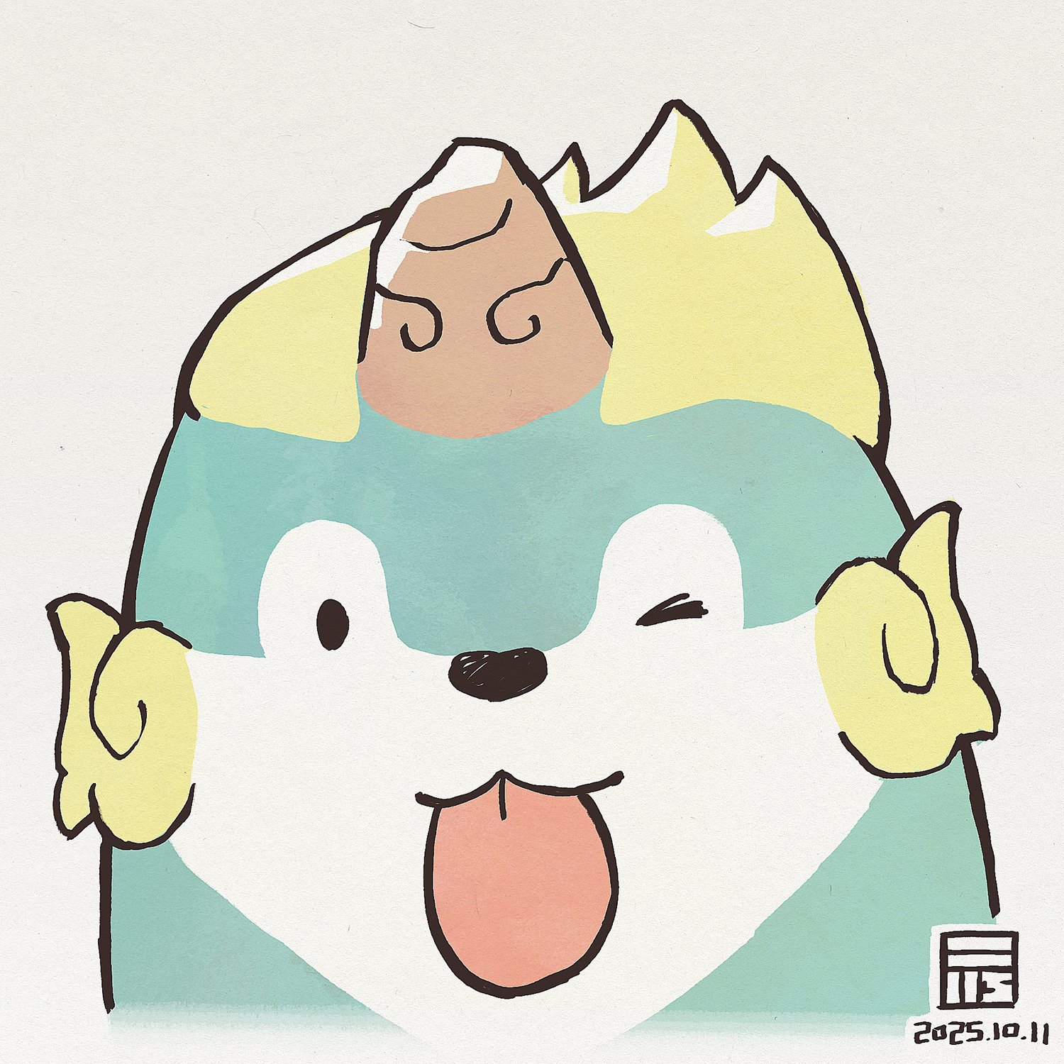 y koichi, tensui no sakuna-hime, commentary request, highres, :3, ;p, animal focus, dated, looking at viewer, no humans, one eye closed, simple background, solo, tama-jii, tongue, tongue out, white background