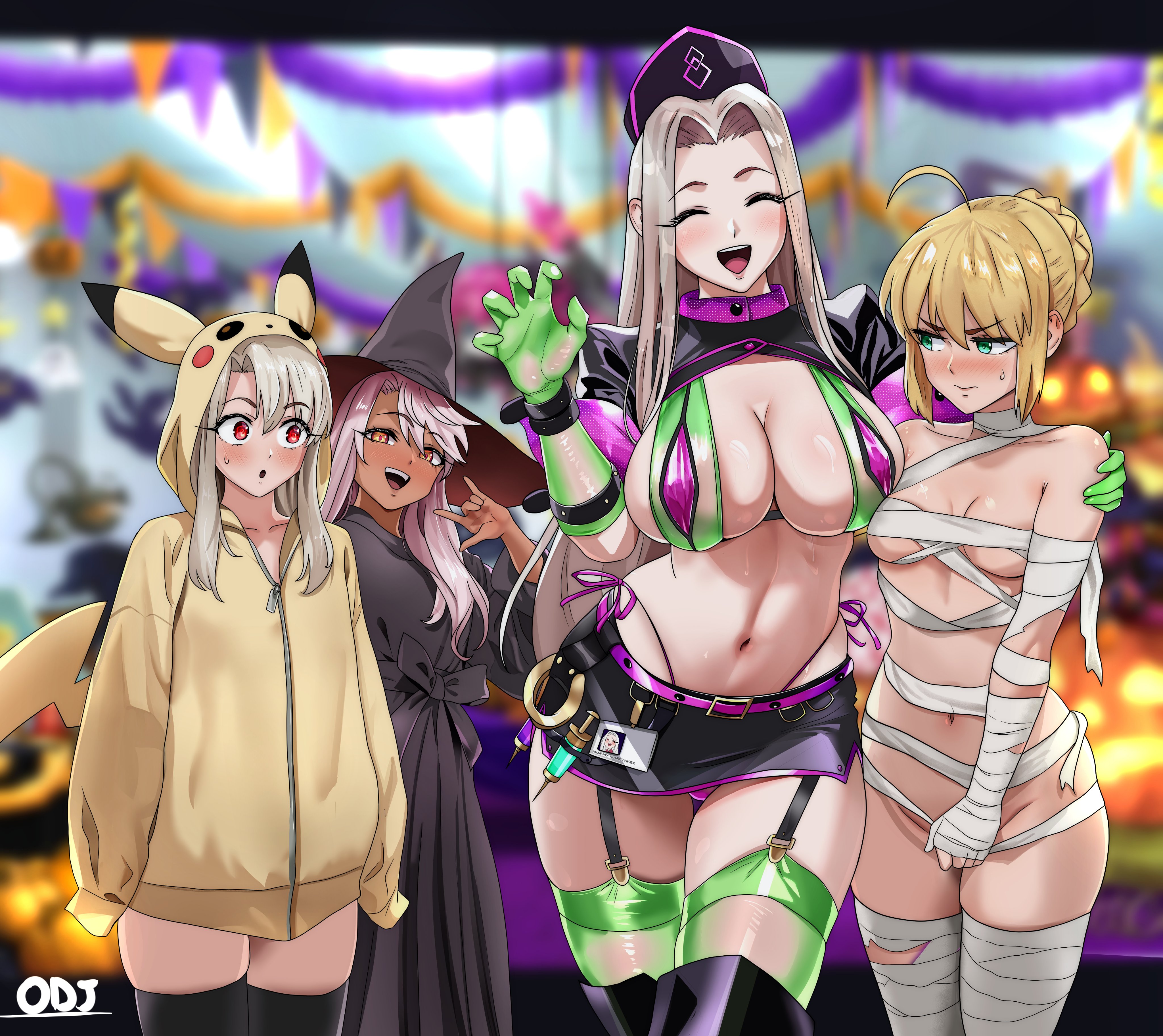 oldmanjenkins84, artoria pendragon (fate), chloe von einzbern, florence nightingale (fate), florence nightingale (trick or treatment) (fate), illyasviel von einzbern, irisviel von einzbern, pikachu, saber (fate), fate/grand order, fate (series), nintendo, pokemon, absurdres, highres, 4girls, ahoge, bandages, bare shoulders, belt, bikini, black boots, black dress, black hat, black skirt, blonde hair, blush, boots, braid, breasts, cleavage, closed eyes, cosplay, dark-skinned female, dark skin, dress, elbow gloves, florence nightingale (trick or treatment) (fate) (cosplay), garrison cap, gen 1 pokemon, gloves, green bikini, green eyes, green gloves, green thighhighs, hair bun, hat, hood, hoodie, large breasts, layered bikini, long hair, long sleeves, looking at viewer, looking to the side, medium breasts, miniskirt, multiple girls, mummy costume, naked bandage, navel, open mouth, orange eyes, parted bangs, pikachu (cosplay), pikachu hood, pikachu tail, pink hair, pokemon tail, purple belt, purple bikini, red eyes, revealing clothes, short sleeves, shrug (clothing), sidelocks, skirt, small breasts, smile, swimsuit, tail, thigh boots, thighhighs, thighhighs under boots, thighs, white hair, witch hat, yellow hoodie