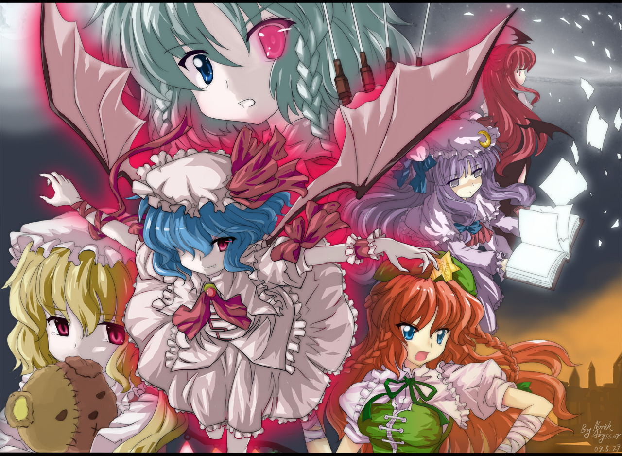north abyssor, flandre scarlet, hong meiling, izayoi sakuya, koakuma, patchouli knowledge, remilia scarlet, embodiment of scarlet devil, touhou, silver hair, 6+girls, bandages, bat wings, blonde hair, blue eyes, blue hair, book, braid, china dress, chinese clothes, crescent, crescent moon, dress, fang, female focus, glowing, glowing eye, glowing eyes, hair over one eye, hairband, hat, head wings, heterochromia, knife, long hair, moon, multiple girls, neck ribbon, purple eyes, purple hair, red eyes, red hair, ribbon, short hair, stuffed animal, stuffed toy, teddy bear, throwing knife, twin braids, weapon, wings, wrist cuffs