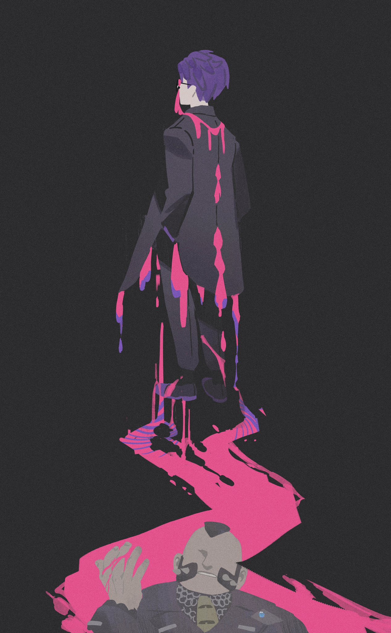 hazel maier, corbeau (pokemon), philippe (pokemon), nintendo, pokemon, pokemon legends: z-a, commentary request, highres, 2boys, black background, black pants, dripping, from behind, full body, glasses, implied death, lying, male focus, multiple boys, necktie, on back, pants, poison, purple hair, short hair, simple background, standing