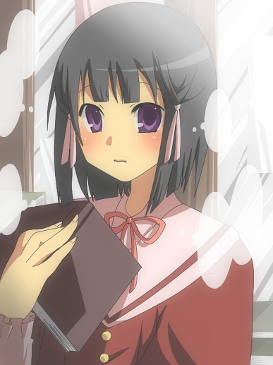 ninahachi, shiomiya shiori, kami nomi zo shiru sekai, bad id, bad pixiv id, 1girl, black hair, blush, book, female focus, hair ribbon, purple eyes, ribbon, school uniform, short hair, solo