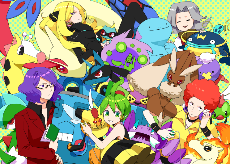 gum (gmng), gumidemo kandero, jam (pixiv172700), aaron (pokemon), bertha (pokemon), bronzong, cynthia (pokemon), drapion, drifloon, dustox, flint (pokemon), gallade, girafarig, goyo (pokemon), lopunny, lucario, lucian (pokemon), milotic, oba (pokemon), ponyta, quagsire, riolu, spiritomb, vespiquen, whiscash, yanma, nintendo, pokemon, pokemon dppt, fur, bad id, bad pixiv id, 00s, 2girls, 3boys, afro, ahoge, animal nose, black eyes, blazer, blonde hair, book, digital media player, elite four, gen 1 pokemon, gen 2 pokemon, gen 3 pokemon, gen 4 pokemon, glasses, green eyes, green hair, grey hair, headphones, holding, holding book, jacket, long hair, multiple boys, multiple girls, pokemon (creature), purple eyes, purple hair, red eyes, red hair, scarf, short hair, smile, wristband