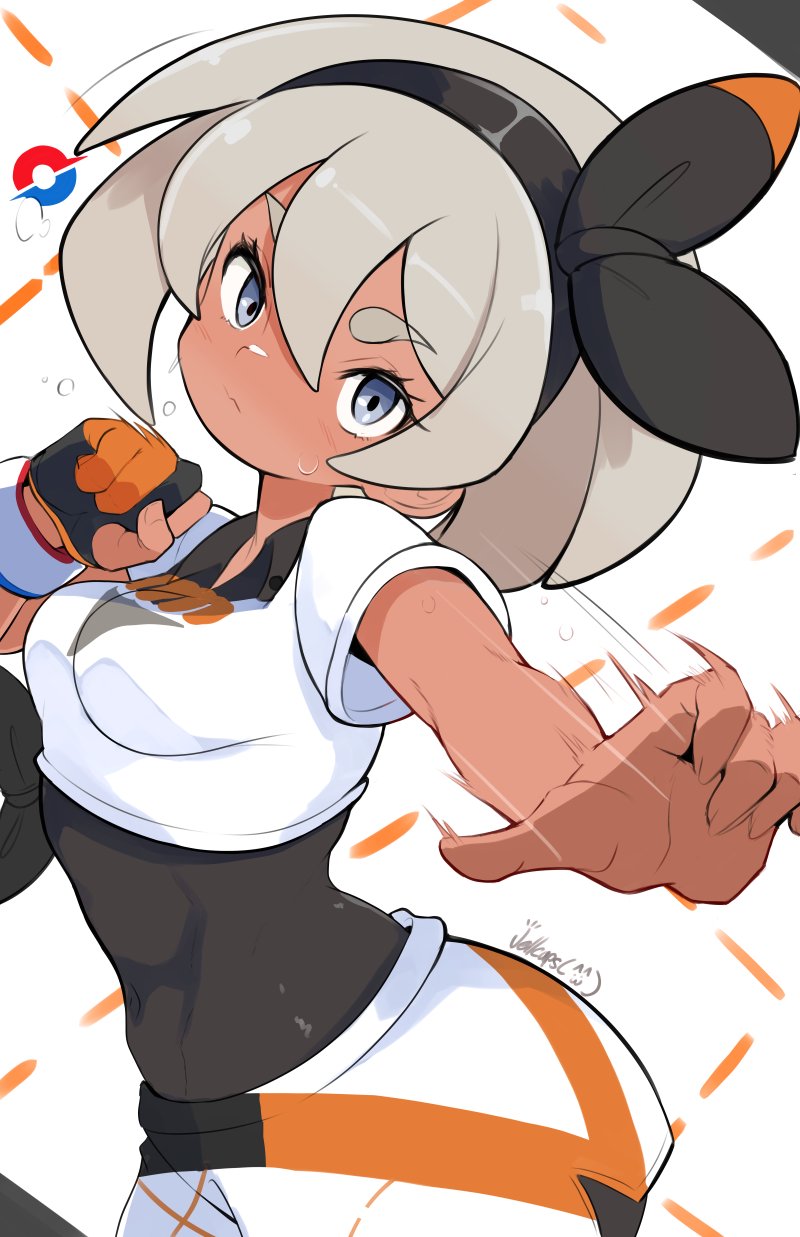 jellcaps, bea (pokemon), nintendo, pokemon, pokemon swsh, highres, 1girl, black bodysuit, black hairband, blush, bodysuit, bodysuit under clothes, bow hairband, breasts, closed mouth, dark-skinned female, dark skin, gloves, grey eyes, grey hair, hair between eyes, hairband, looking at viewer, medium breasts, print shirt, print shorts, shirt, short hair, short sleeves, shorts, side slit, side slit shorts, simple background, single glove, solo