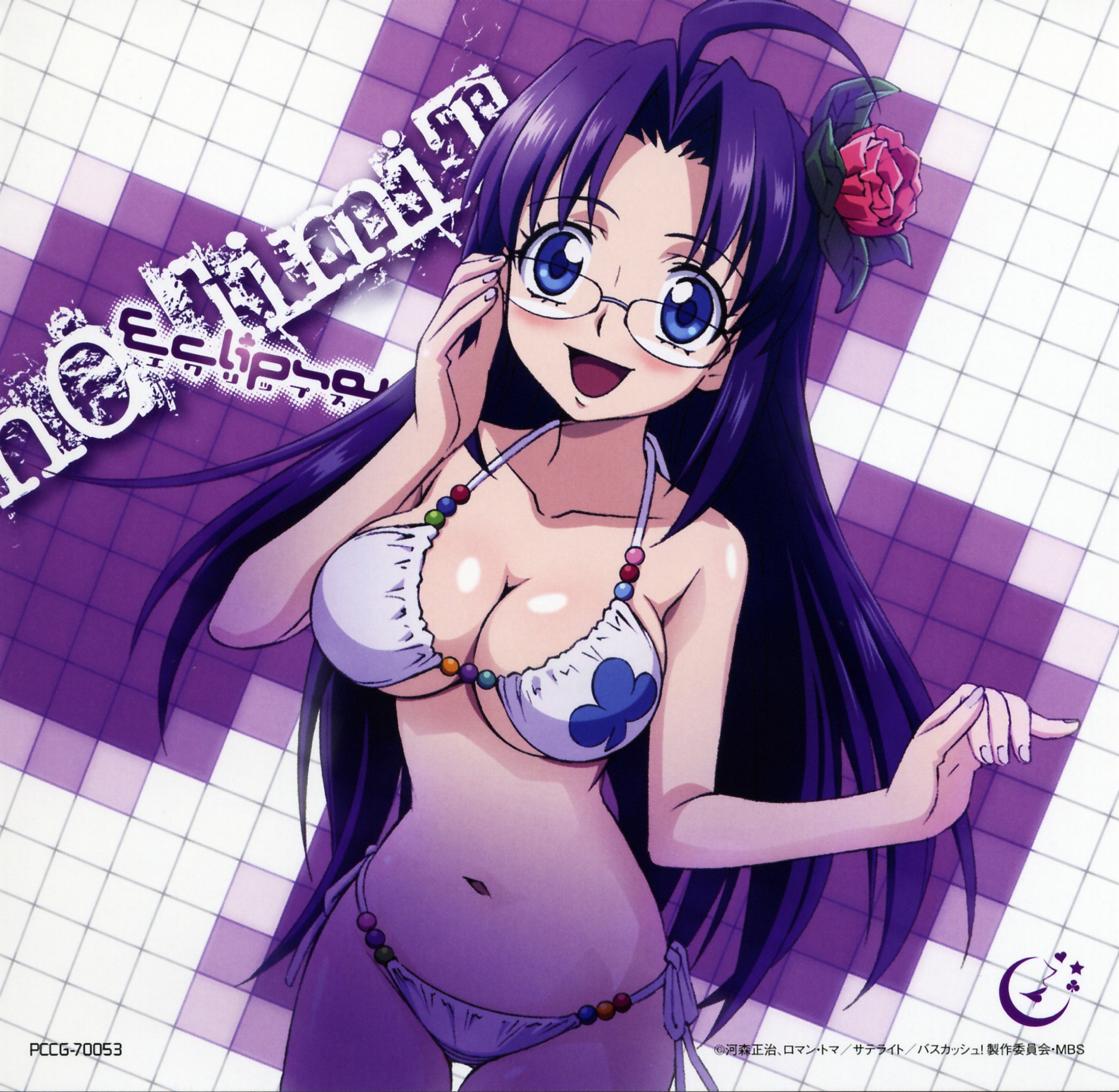 violette (basquash), violette (sound horizon), basquash!, highres, 00s, 1girl, :d, adjusting eyewear, ahoge, album cover, bikini, blue eyes, blue hair, blush, body blush, breasts, cleavage, cover, female focus, fingernails, flower, glasses, hair flower, hair ornament, large breasts, long hair, matching hair/eyes, navel, open mouth, purple hair, side-tie bikini bottom, smile, solo, swimsuit, thigh gap, thighs, underboob