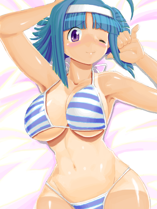 zouzou, kannazuki aoi, kaitou tenshi twin angel, twin angel, 10s, 1girl, ;), ahoge, arms up, bikini, blue hair, blush, breasts, curvy, female focus, hairband, hip focus, large breasts, looking at viewer, lying, on back, one-piece tan, one eye closed, purple eyes, shiny skin, short hair, smile, solo, striped bikini, striped clothes, swimsuit, tan, tanline, wide hips, wink