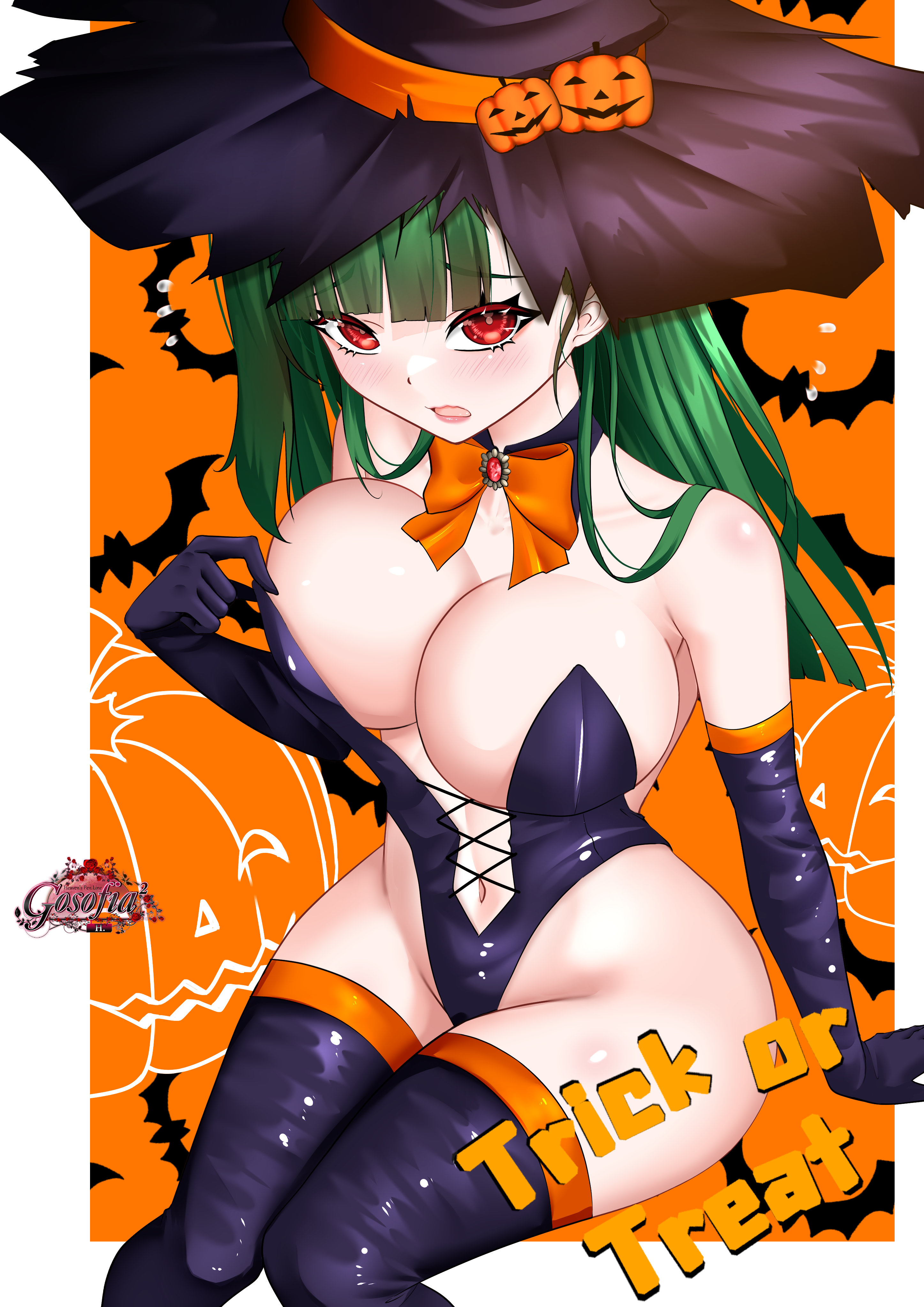 gosofia2, belka (girls' frontline 2), g28 (girls' frontline), girls' frontline, girls' frontline 2: exilium, absurdres, highres, 1girl, :o, adjusting clothes, adjusting leotard, bare shoulders, bat background, black gloves, black hat, black leotard, blush, boots, bow, bowtie, breasts, cleavage, cross-laced clothes, cross-laced leotard, elbow gloves, from above, gloves, green hair, groin, halloween, halloween costume, hand on own chest, hand up, hat, highleg, highleg leotard, hip focus, knees together feet apart, large breasts, leather, leather gloves, leotard, long hair, looking at viewer, looking up, navel, no bra, orange bow, orange bowtie, pumpkin background, pumpkin hat ornament, red eyes, sitting, solo, strapless, strapless leotard, thigh boots, trick or treat, witch, witch hat