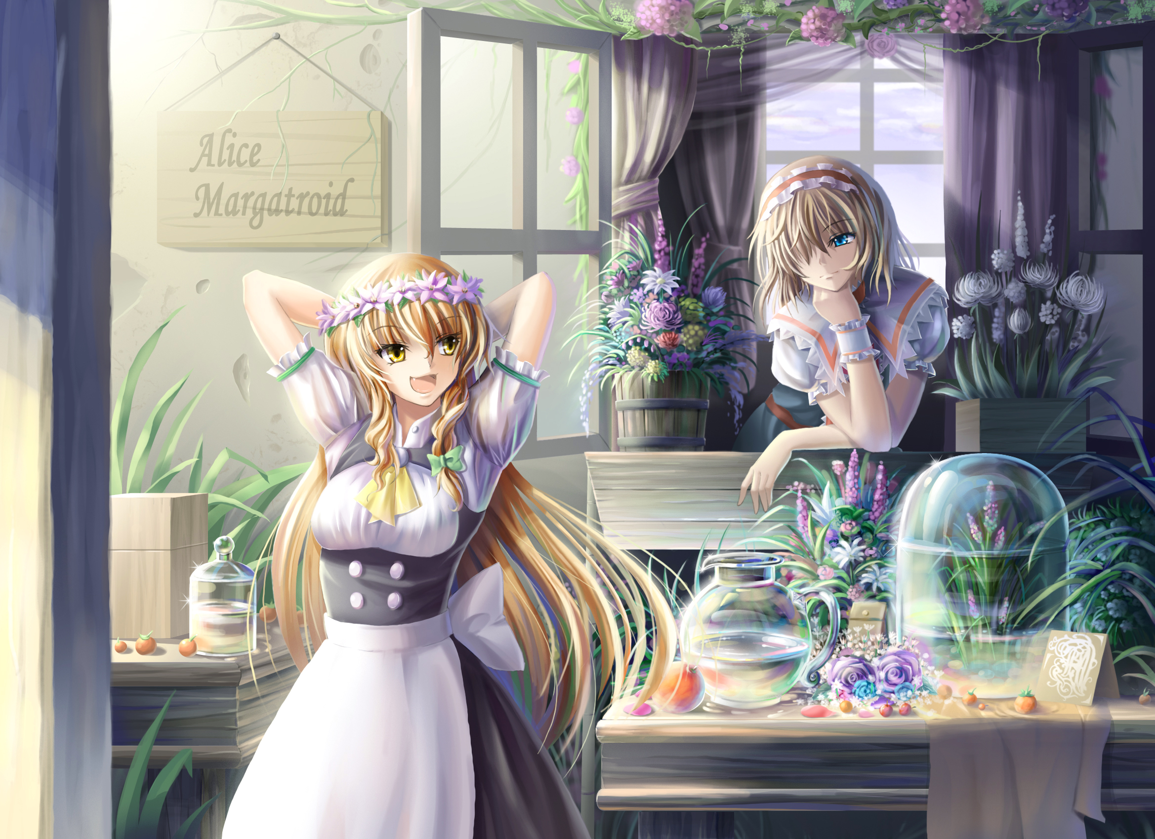 saber 01, alice margatroid, kirisame marisa, touhou, wood, highres, 2girls, adapted costume, arms behind head, blonde hair, cloud, curtains, fang, female focus, flower, hair over one eye, multiple girls, sign, slice of life, vase, window