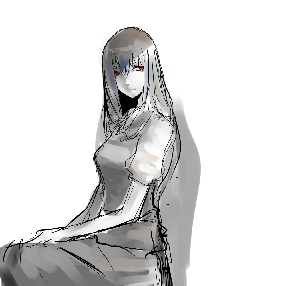 hirakichi, kamishirasawa keine, touhou, bad id, bad pixiv id, 1girl, female focus, monochrome, red eyes, sketch, solo, spot color