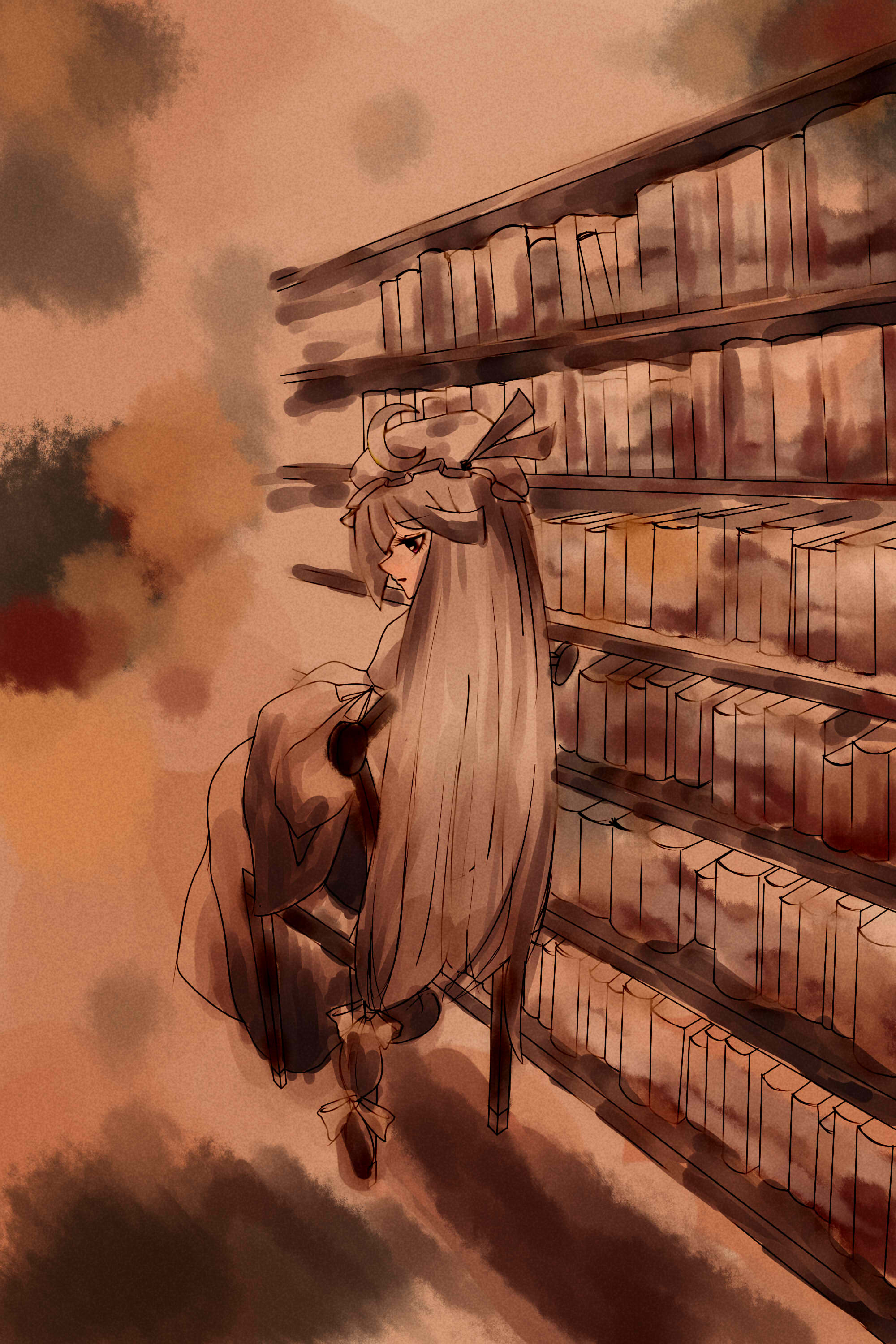 nekobu, nekonote (neconote), patchouli knowledge, touhou, absurdres, bad id, bad pixiv id, highres, 1girl, book, bookshelf, chair, crescent, female focus, from behind, hat, library, monochrome, orange theme, profile, sitting, solo, voile