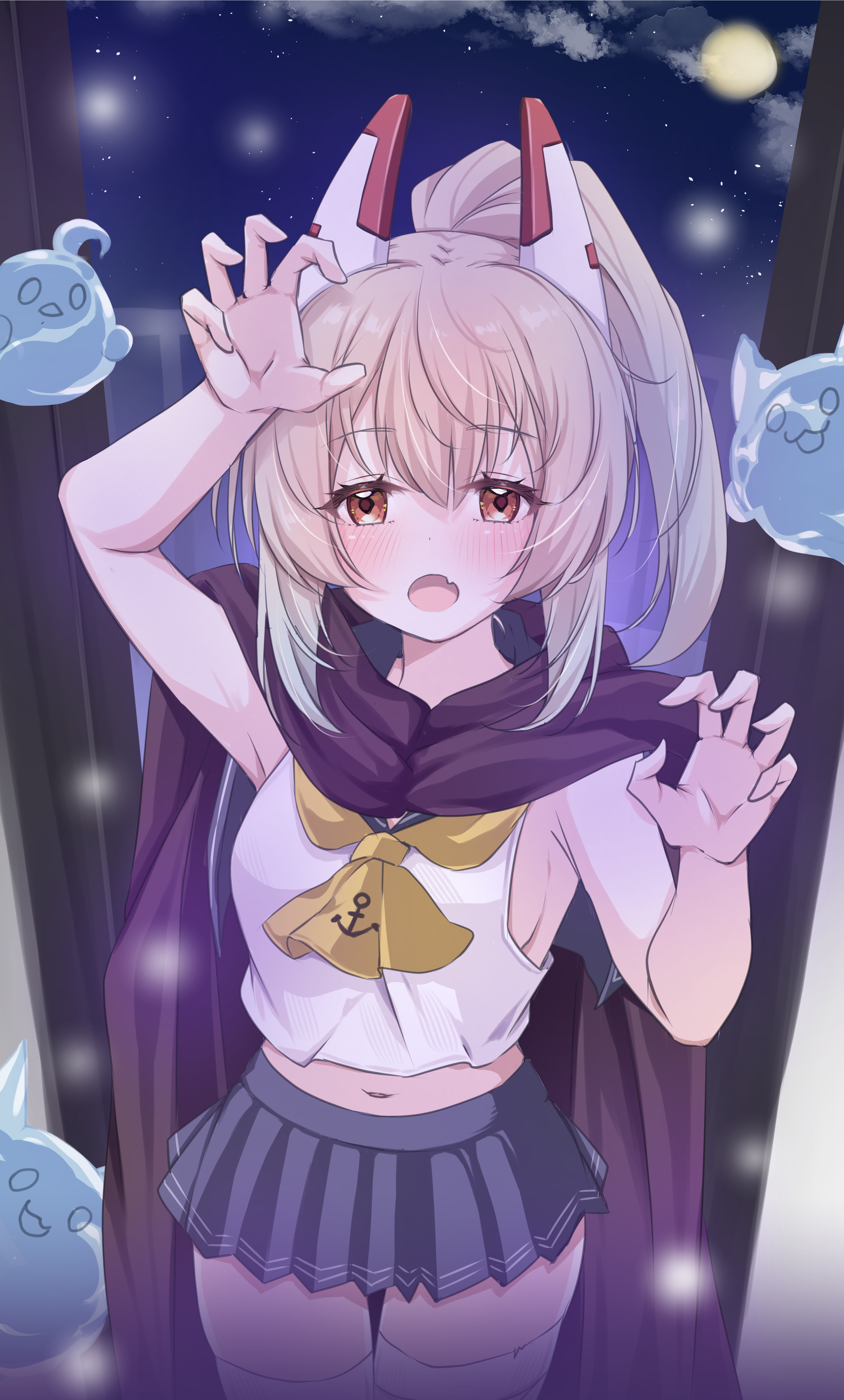 mikuchi3939, ayanami (azur lane), ayanami (covert ops cloak) (azur lane), manjuu (azur lane), meowfficer (azur lane), azur lane, absurdres, commentary request, highres, 1girl, anchor symbol, animal ears, arm up, armpits, ascot, baby animal, bandaged leg, bandages, bare arms, bird, black cloak, blonde hair, blue sailor collar, blue skirt, blush, breasts, cat, cat ears, chick, claw pose, cloak, cloud, cowboy shot, crop top, fang, full moon, ghost, hair between eyes, halloween, headgear, high ponytail, light particles, long hair, looking at viewer, midriff, moon, navel, night, night sky, official alternate costume, open mouth, orange eyes, pleated skirt, ponytail, railing, sailor collar, school uniform, serafuku, shirt, sideboob, sidelocks, single thighhigh, skin fang, skindentation, skirt, sky, sleeveless, sleeveless shirt, standing, star (sky), thighhighs, white shirt, white thighhighs, window, yellow ascot, zettai ryouiki