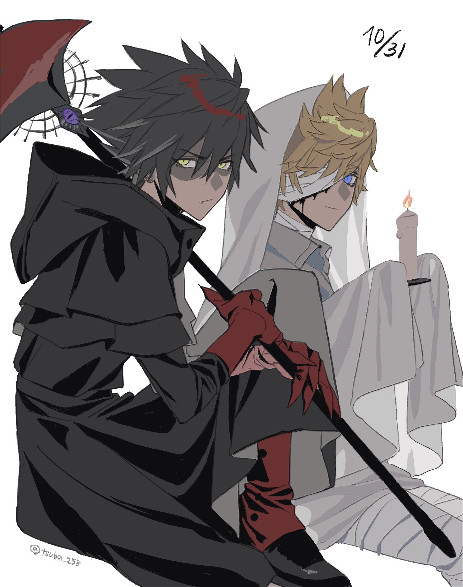 tsuba 258, vanitas (kingdom hearts), ventus (kingdom hearts), kingdom hearts, kingdom hearts birth by sleep, highres, 2boys, alternate costume, alternate weapon, bandage over one eye, bandaged leg, bandages, black hair, black robe, black shoes, blonde hair, blood, blood drip, blood on face, blue eyes, candle, claws, dated, fire, glaring, gloves, halloween, hands up, holding, holding candle, holding scythe, light smile, looking at viewer, male focus, multiple boys, red gloves, robe, scythe, serious, shirt, shoes, slit pupils, twitter username, upper body, weapon, white shirt, yellow eyes
