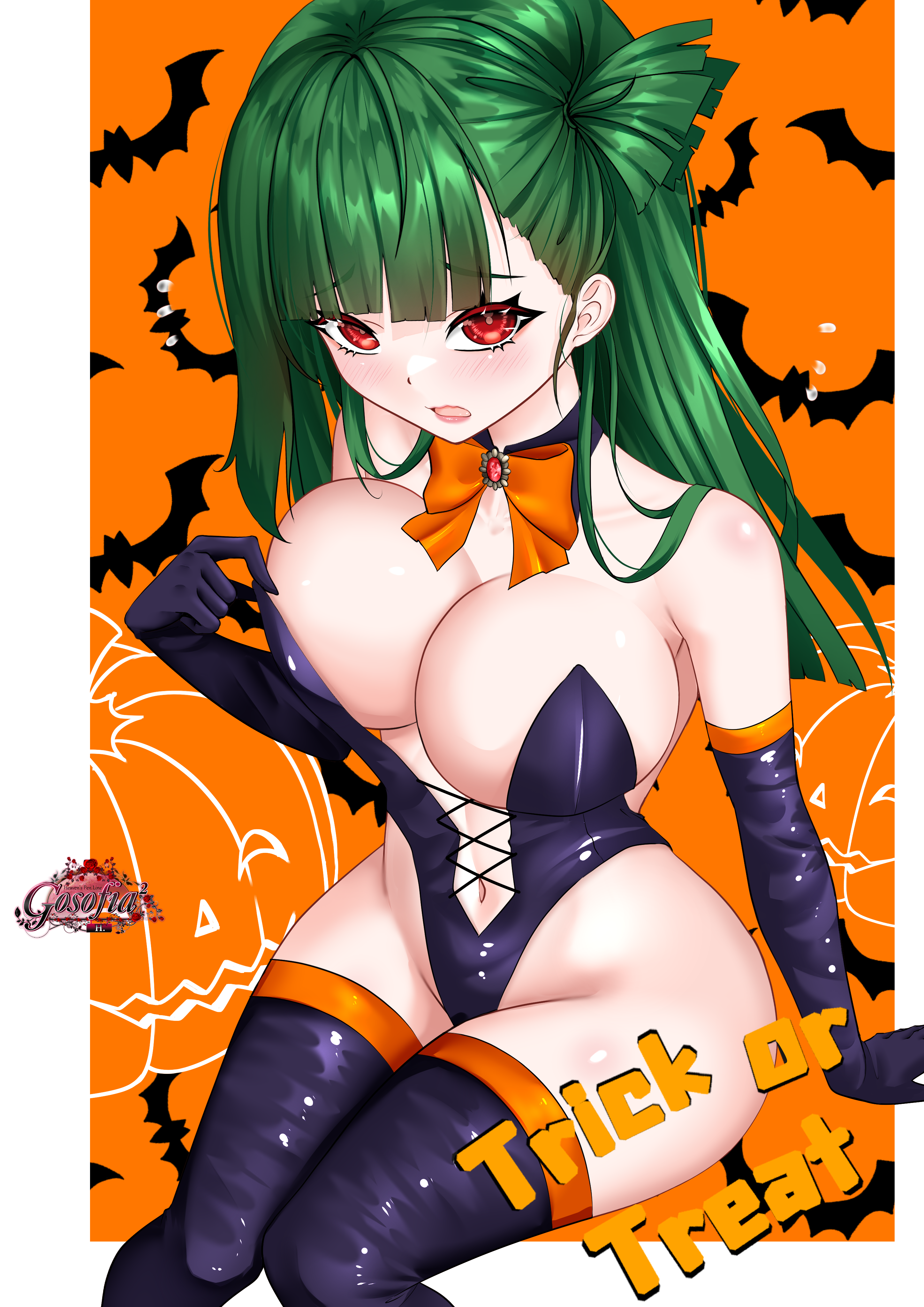 gosofia2, belka (girls' frontline 2), g28 (girls' frontline), girls' frontline, girls' frontline 2: exilium, absurdres, highres, 1girl, :o, adjusting clothes, adjusting leotard, bare shoulders, bat background, black gloves, black leotard, blush, boots, bow, bowtie, breasts, cleavage, cross-laced clothes, cross-laced leotard, elbow gloves, from above, gloves, green hair, groin, halloween, halloween costume, hand on own chest, hand up, highleg, highleg leotard, hip focus, knees together feet apart, large breasts, leather, leather gloves, leotard, long hair, looking at viewer, looking up, navel, no bra, orange bow, orange bowtie, pumpkin background, red eyes, sitting, solo, strapless, strapless leotard, thigh boots, trick or treat, witch