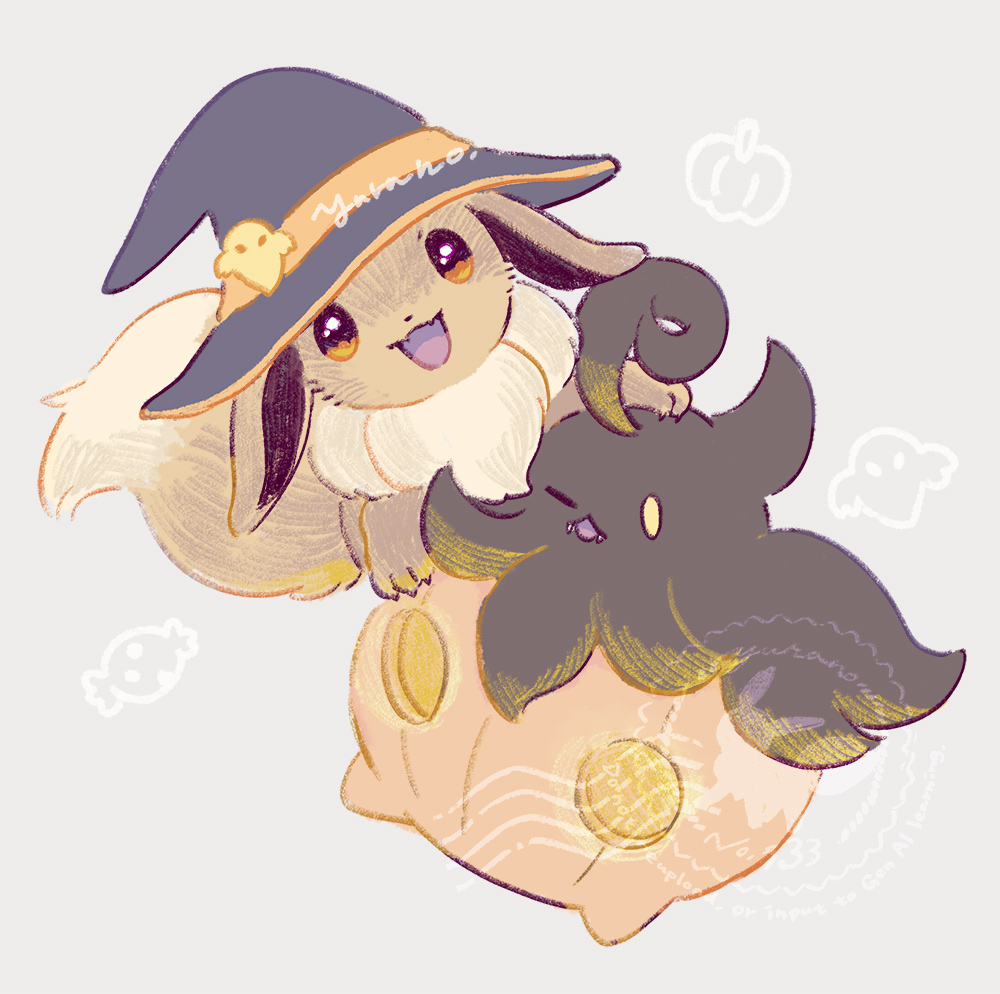 yurano (upao), eevee, pumpkaboo, nintendo, pokemon, brown eyes, fangs, gen 1 pokemon, gen 6 pokemon, halloween, hat, no humans, one eye closed, pokemon (creature), pokemon focus, simple background, smile, witch hat, yellow eyes