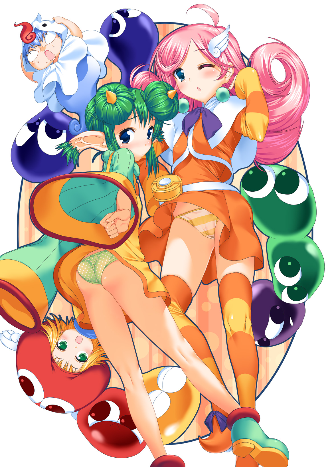 suzume inui, amitie (puyopuyo), lidelle (puyopuyo), puyo (puyopuyo), raffina (puyopuyo), rei (puyopuyo), compile, madou monogatari, puyopuyo, puyopuyo fever, puyopuyo fever 2, multicolored legwear, striped legwear, bad id, bad pixiv id, highres, 3girls, ass, blonde hair, blue eyes, cameltoe, flipped hair, green eyes, green hair, multiple girls, orange shirt, panties, pantyshot, pink hair, polka dot, polka dot panties, shirt, short hair, striped clothes, striped panties, striped thighhighs, thighhighs, underwear, upskirt, wedgie, wind, wind lift