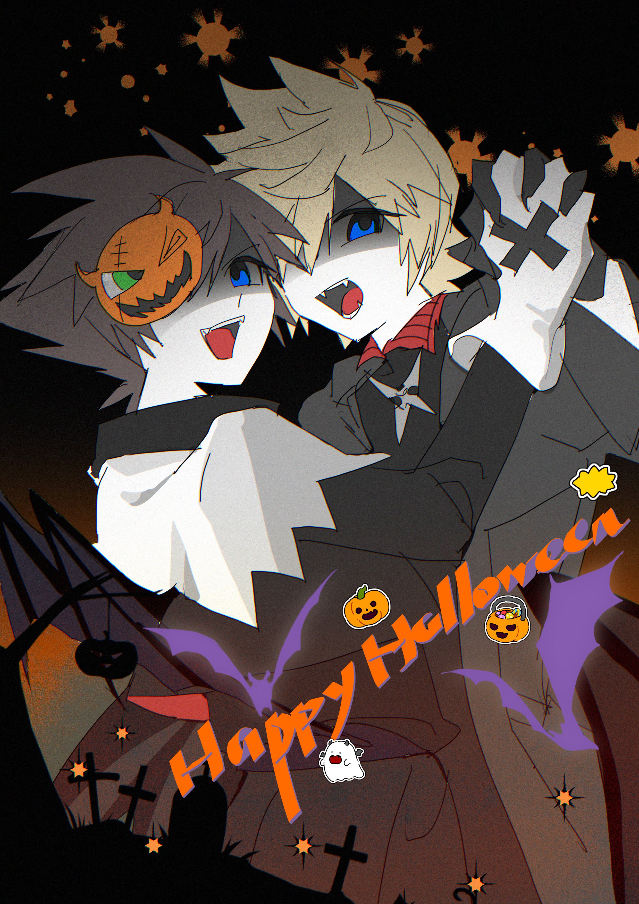 zcx21177061994, roxas, sora (halloween town) (kingdom hearts), sora (kingdom hearts), kingdom hearts, kingdom hearts ii, absurdres, highres, 2boys, alternate costume, bat (animal), bat wings, black background, black hair, black jacket, black wings, blonde hair, blue eyes, capelet, cross, fangs, gloves, gradient background, halloween, happy halloween, holding hands, jacket, long sleeves, looking at viewer, looking back, male focus, mask, mask on head, multiple boys, official alternate costume, open mouth, smile, standing, star (symbol), tombstone, upper body, white capelet, white gloves, wing collar, wings