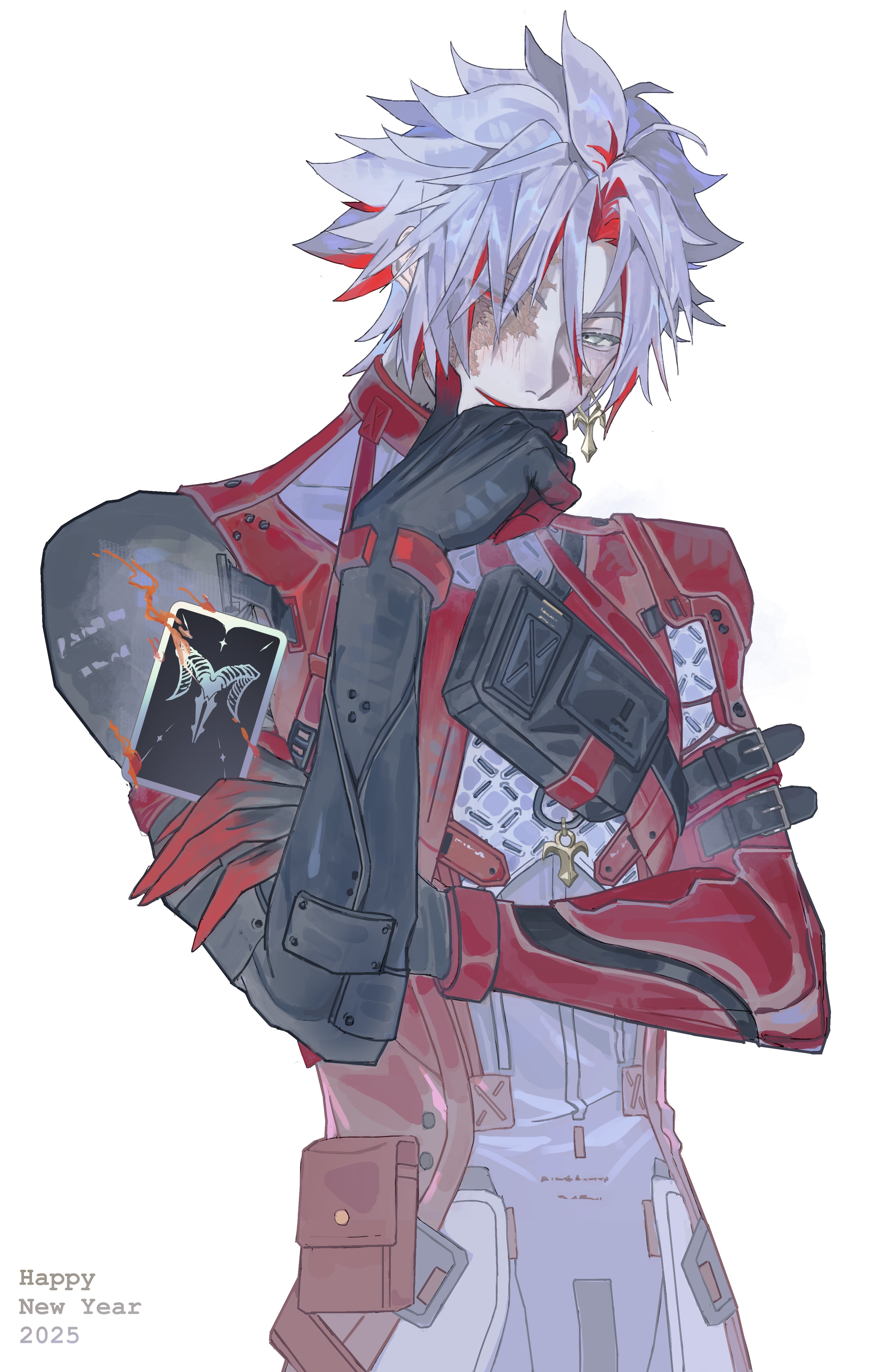 scar (wuthering waves), wuthering waves, absurdres, chinese commentary, commentary request, highres, 1boy, card, earrings, facial scar, hair between eyes, hand on own chin, heterochromia, holding, holding card, jacket, jewelry, looking at viewer, male focus, multicolored hair, red eyes, red hair, scar, scar across eye, scar on cheek, scar on face, short hair, smile, solo, streaked hair, tr1993r, two-tone hair, white hair, yellow eyes