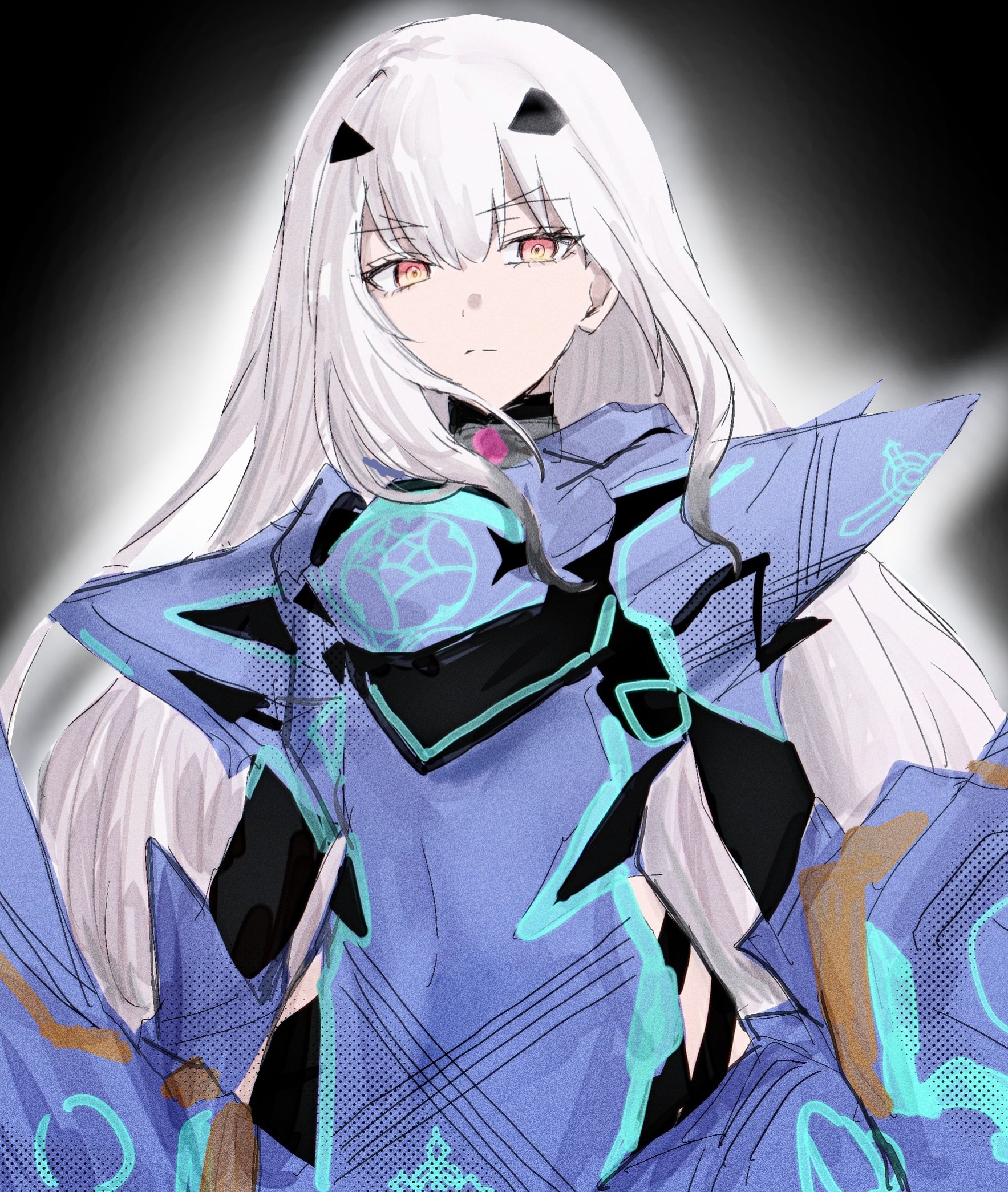 nekwnek, melusine (fate), melusine (first ascension) (fate), fate/grand order, fate (series), highres, 1girl, armor, black background, blue armor, hair ornament, long hair, looking at viewer, pauldrons, shoulder armor, simple background, solo, very long hair, white hair, yellow eyes