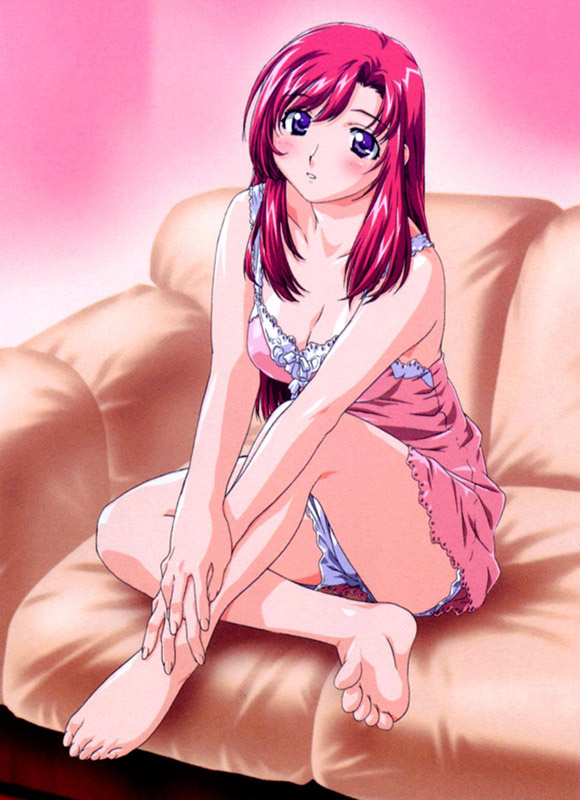 kazami mizuho, onegai teacher, blush, breasts, cleavage, feet, lingerie, long hair, purple eyes, purple hair, underwear