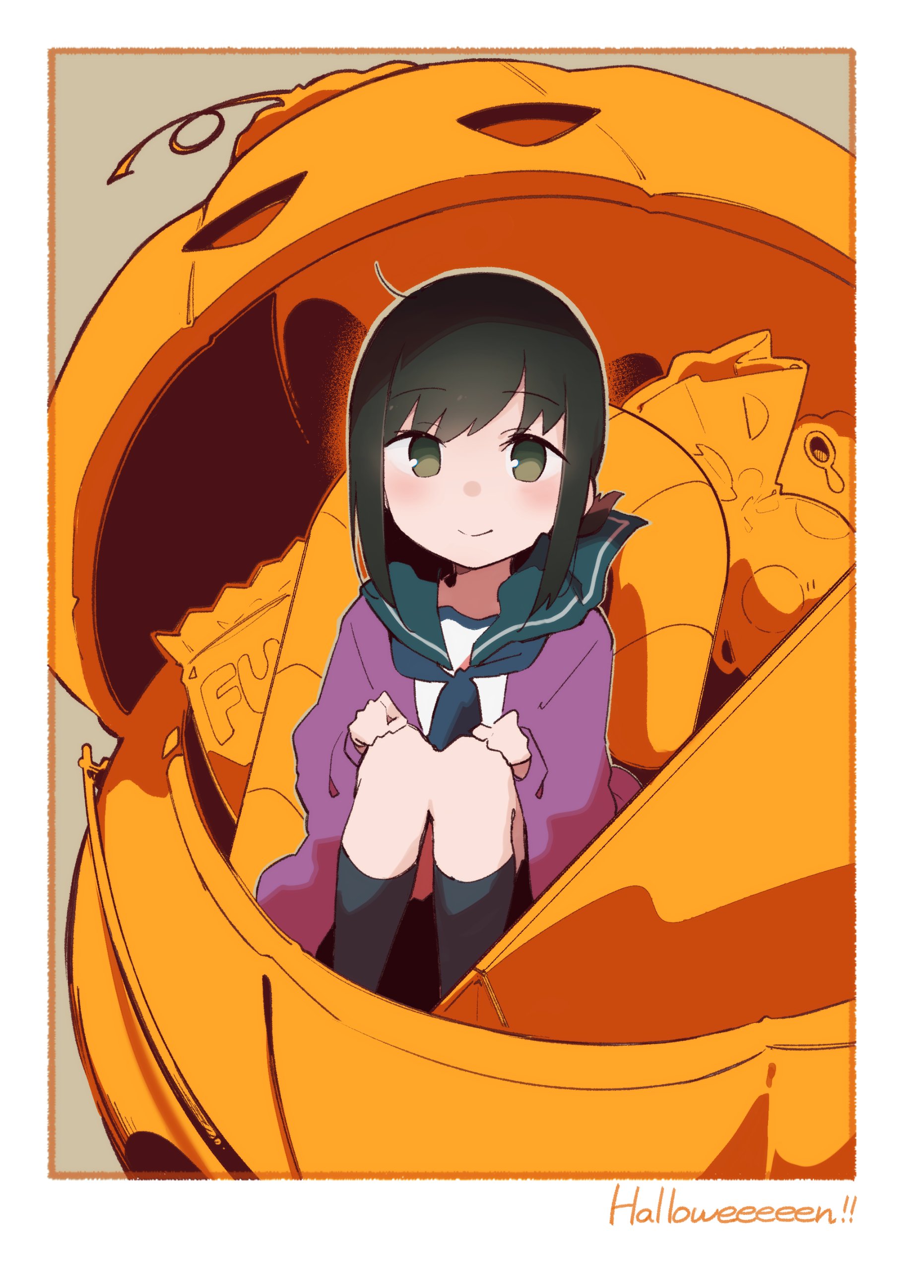 ma rukan, fubuki (kancolle), kantai collection, absurdres, commentary request, highres, 1girl, black socks, blue neckerchief, blush, border, brown background, brown hair, candy, english text, food, full body, green eyes, green sailor collar, halloween, halloween bucket, jacket, kneehighs, knees up, long sleeves, looking at viewer, mini person, minigirl, neckerchief, orange border, pumpkin, purple jacket, sailor collar, shirt, sidelocks, sitting, smile, socks, solo, white border, white shirt