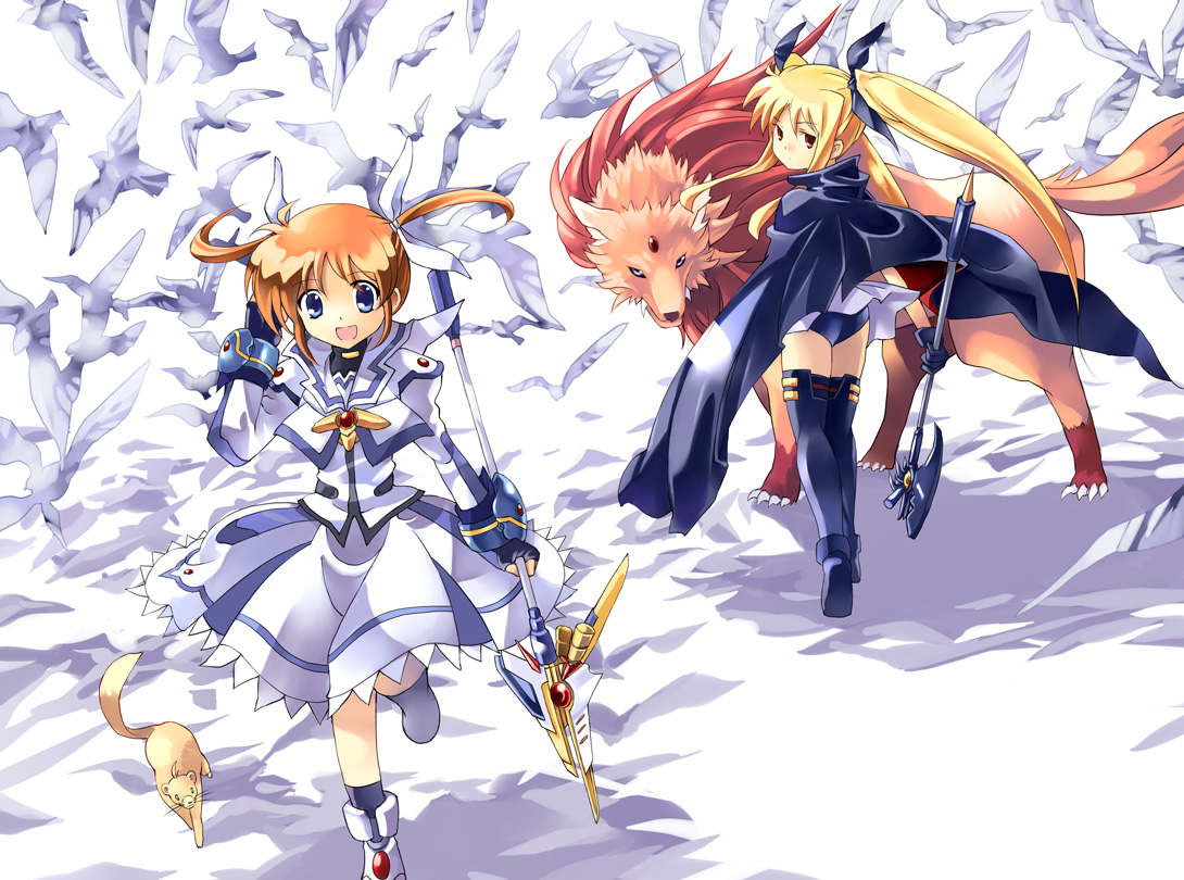 kouno hikaru, arf, bardiche (axe form) (nanoha), bardiche (nanoha), fate testarossa, fate testarossa (movie 1st form), raising heart, raising heart (cannon mode), takamachi nanoha, takamachi nanoha (movie 1st mode), yuuno scrya, lyrical nanoha, mahou shoujo lyrical nanoha, mahou shoujo lyrical nanoha the movie 1st, bad id, bad pixiv id, 10s, 2girls, bird, blonde hair, blue eyes, boots, brown hair, cape, dog, dress, ferret, multiple girls, purple eyes, red eyes, skirt, staff, thigh boots, thighhighs, twintails