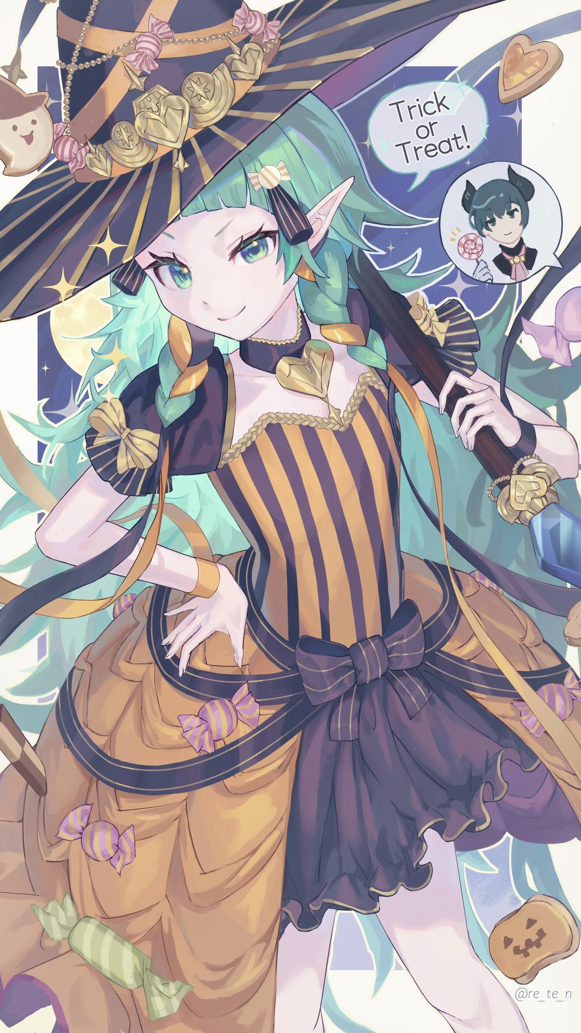 re (pixiv 89203939), male byleth (fire emblem), male byleth (halloween) (fire emblem), sothis (fire emblem), sothis (halloween) (fire emblem), fire emblem, fire emblem: three houses, fire emblem heroes, nintendo, highres, 1boy, 1girl, ascot, black dress, blue eyes, blue hair, braid, broom, candy, closed mouth, demon horns, demon wings, dress, fake horns, food, full moon, ghost ornament, green eyes, green hair, hair ribbon, halloween, halloween costume, hat, heart, holding, holding broom, holding candy, holding food, holding lollipop, horns, lollipop, long hair, looking at viewer, moon, official alternate costume, orange dress, over shoulder, pink ascot, pointy ears, pumpkin ornament, ribbon, ribbon braid, short sleeves, smile, solo focus, speech bubble, star (symbol), swirl lollipop, trick-or-treating, trick or treat, very long hair, wings, witch, witch hat