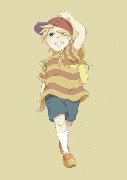 lucas (mother 3), mother (series), mother 3, nintendo, backpack, bag, blonde hair, blue eyes, hat, male focus, randoseru, simple background, smile, solo
