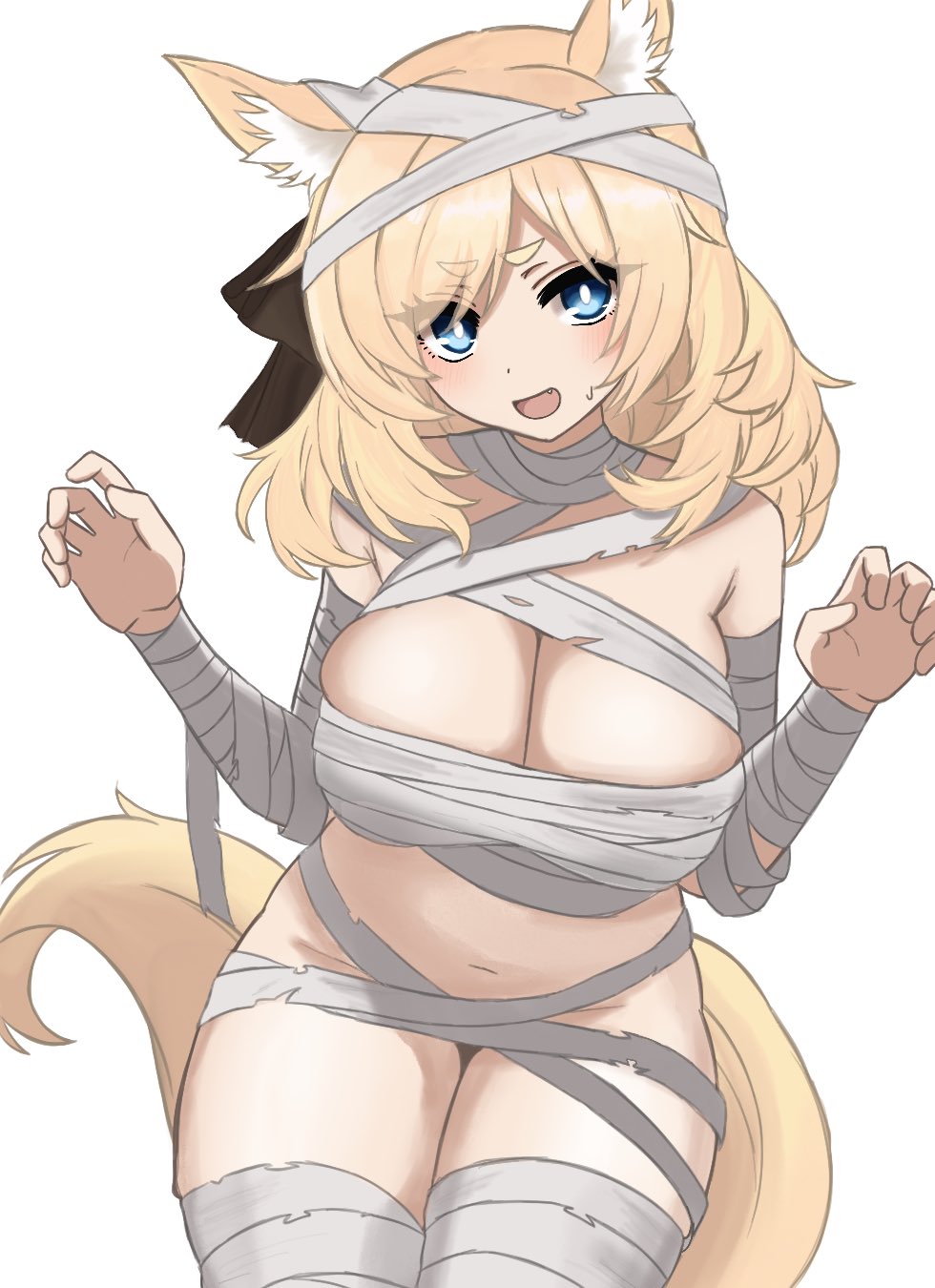 whislash (arknights), arknights, highres, 1girl, :d, animal ear fluff, animal ears, bandaged arm, bandaged leg, bandaged neck, bandages, bare shoulders, blonde hair, blue eyes, breasts, bright pupils, chest sarashi, cleavage, fang, large breasts, long hair, looking at viewer, midori10, mummy costume, naked bandage, navel, open mouth, sarashi, simple background, smile, solo, tail, thighs, white background, white pupils