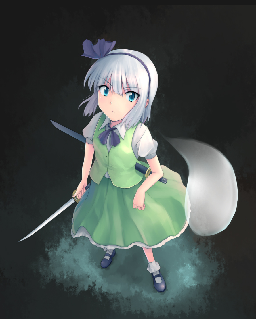 yuki usagi (mofurafu), konpaku youmu, konpaku youmu (ghost), touhou, bad id, bad pixiv id, 1girl, blue eyes, female focus, ghost, hairband, hitodama, katana, looking up, solo, sword, weapon, white hair