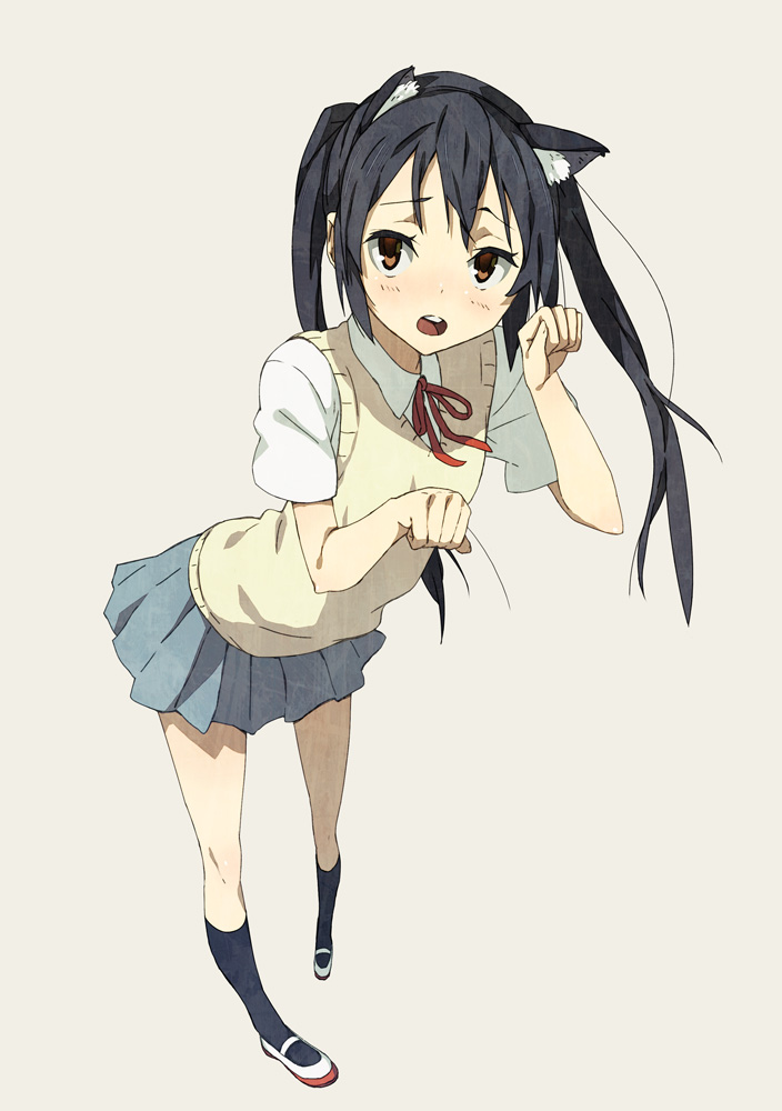 houru, nakano azusa, k-on!, 00s, 1girl, animal ears, black hair, black socks, brown eyes, cat ears, cat girl, female focus, flat chest, full body, legs, long hair, paw pose, school uniform, shoes, simple background, socks, solo, sweater vest, twintails, uwabaki