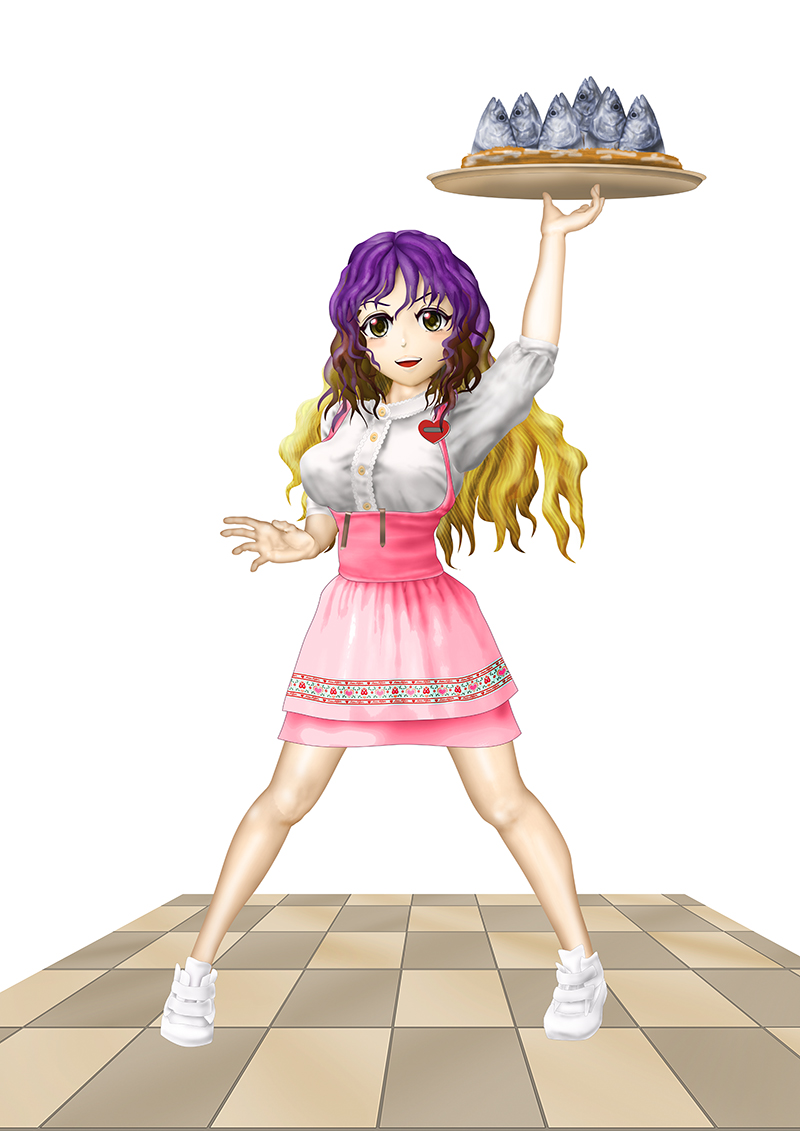 kams, hijiri byakuren, touhou, 1girl, blonde hair, blush stickers, fish head, gradient hair, hand up, heart, holding, holding plate, multicolored hair, open mouth, pink skirt, plate, purple hair, shirt, simple background, skirt, solo, teeth, white shirt, yellow eyes