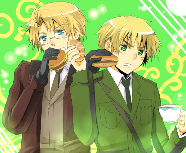 meru, america (hetalia), united kingdom (hetalia), axis powers hetalia, 00s, 2boys, ahoge, belt, blonde hair, blue eyes, bomber jacket, burger, cup, food, frown, glasses, gloves, green eyes, jacket, male focus, military, military uniform, multiple boys, necktie, sam browne belt, tea