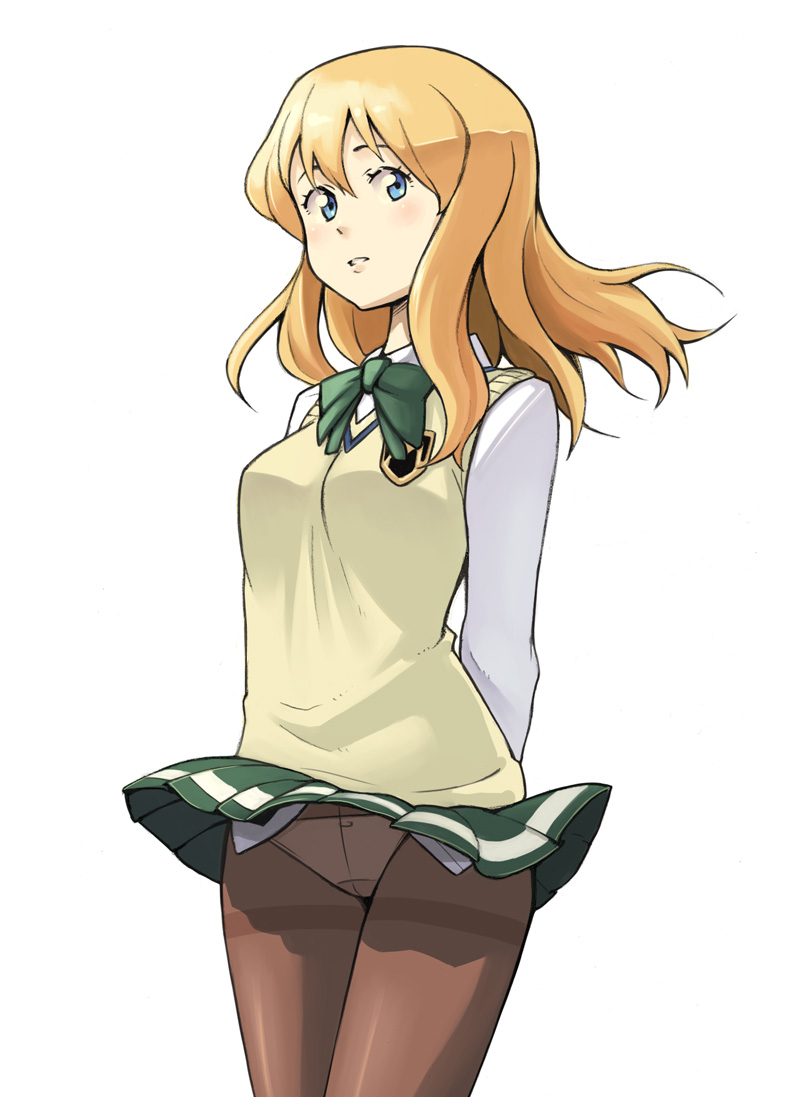 bowieknife, minato (zegapain), zegapain, 00s, 1girl, blonde hair, blue eyes, cardigan, crotch seam, female focus, panties, panties under pantyhose, pantyhose, pantyshot, school uniform, skirt, solo, thighband pantyhose, underwear, upskirt, white panties, wind, wind lift