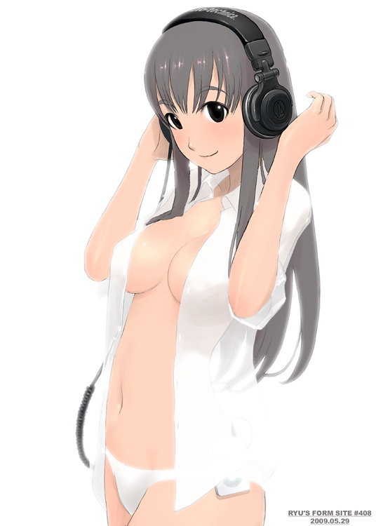 ryu (ryu's form site), audio-technica, original, silver hair, 1girl, black eyes, breasts, female focus, headphones, long hair, medium breasts, navel, open clothes, open shirt, panties, shirt, sleeves rolled up, smile, solo, underwear, white panties