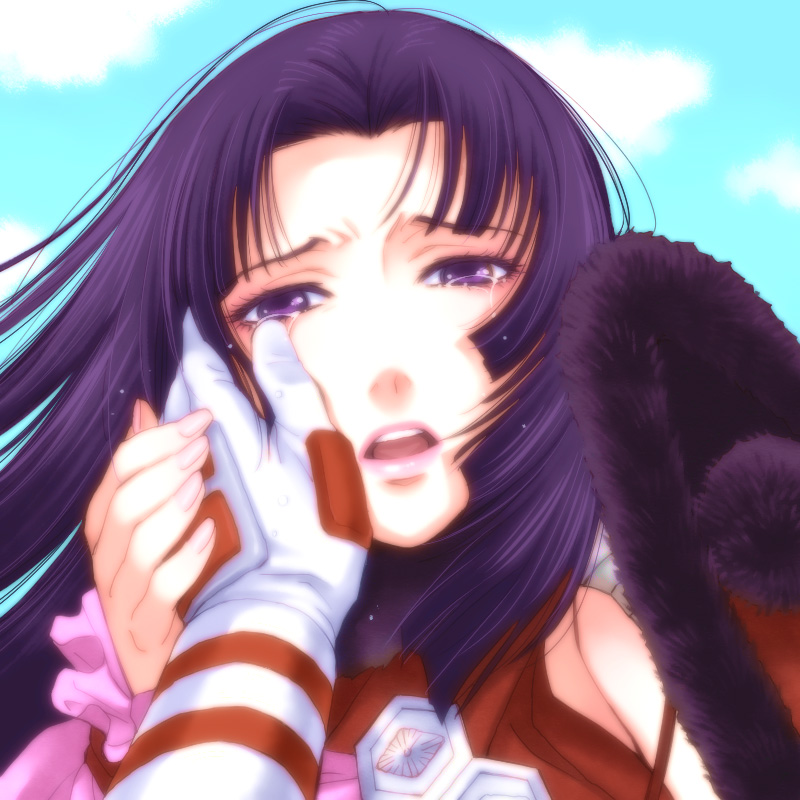 ki (pixiv239687), oichi, oichi (sengoku basara), sengoku basara, 00s, 1girl, close-up, cloud, gloves, lips, lipstick, makeup, open mouth, purple eyes, purple hair, sky, solo focus, tears, teeth, tongue, wind