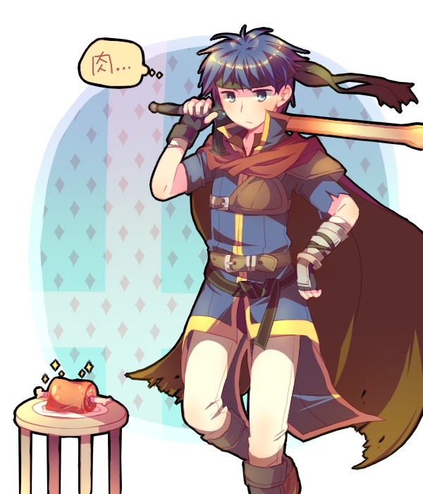 ike (fire emblem), fire emblem, fire emblem: path of radiance, nintendo, super smash bros., translated, blue eyes, blue hair, boned meat, cape, food, gloves, headband, male focus, meat, solo, stool, sword, weapon