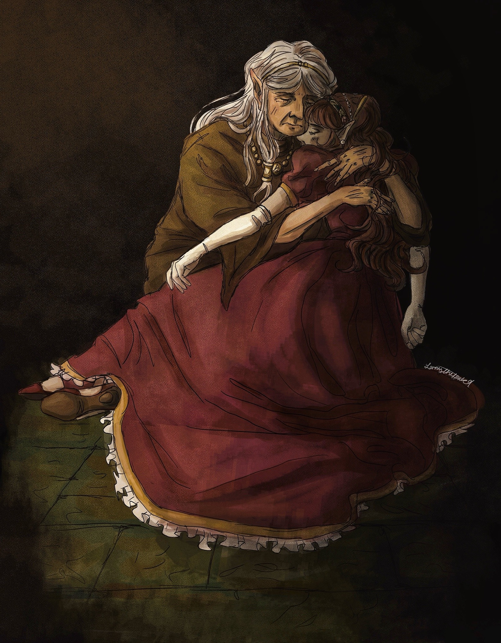 impa, princess zelda, nintendo, the legend of zelda, zelda ii: the adventure of link, 2girls, brown hair, closed eyes, dress, elf, gloves, hug, long hair, multiple girls, old, old woman, pink dress, pointy ears, sleeping, spell, tiara, white hair